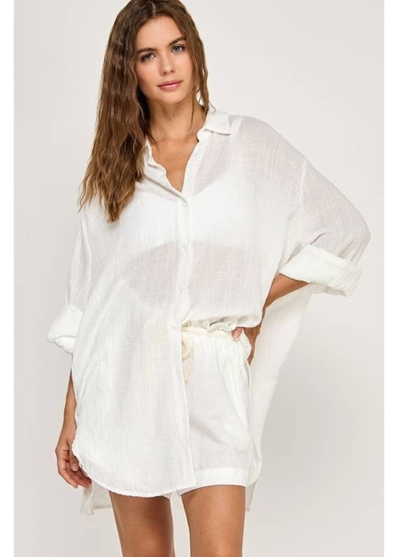 Miss Love Cotton Linen Blend Button Up White Long Sleeve Top