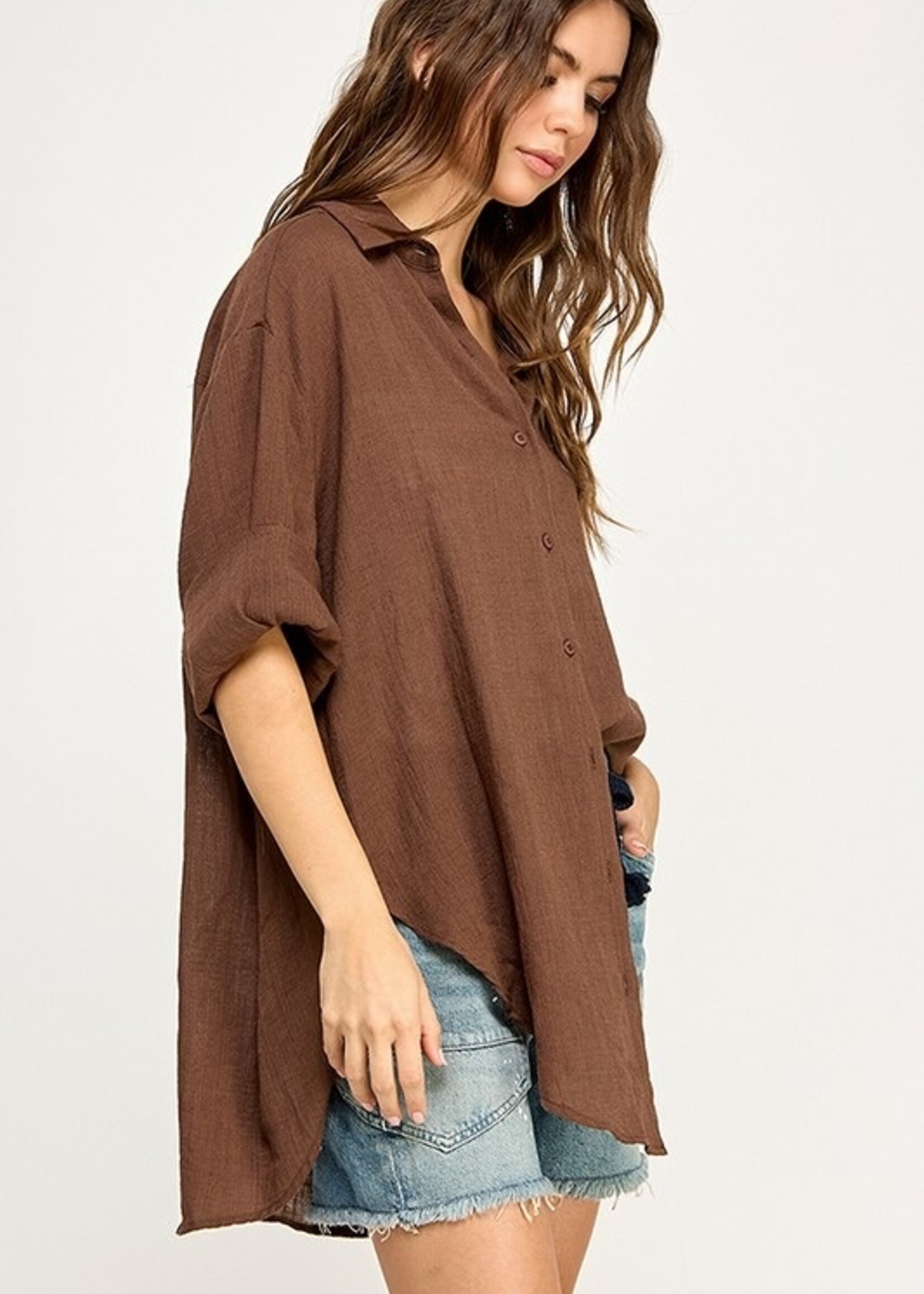 Cotton Linen Blend Button Up Brown Long Sleeve Top