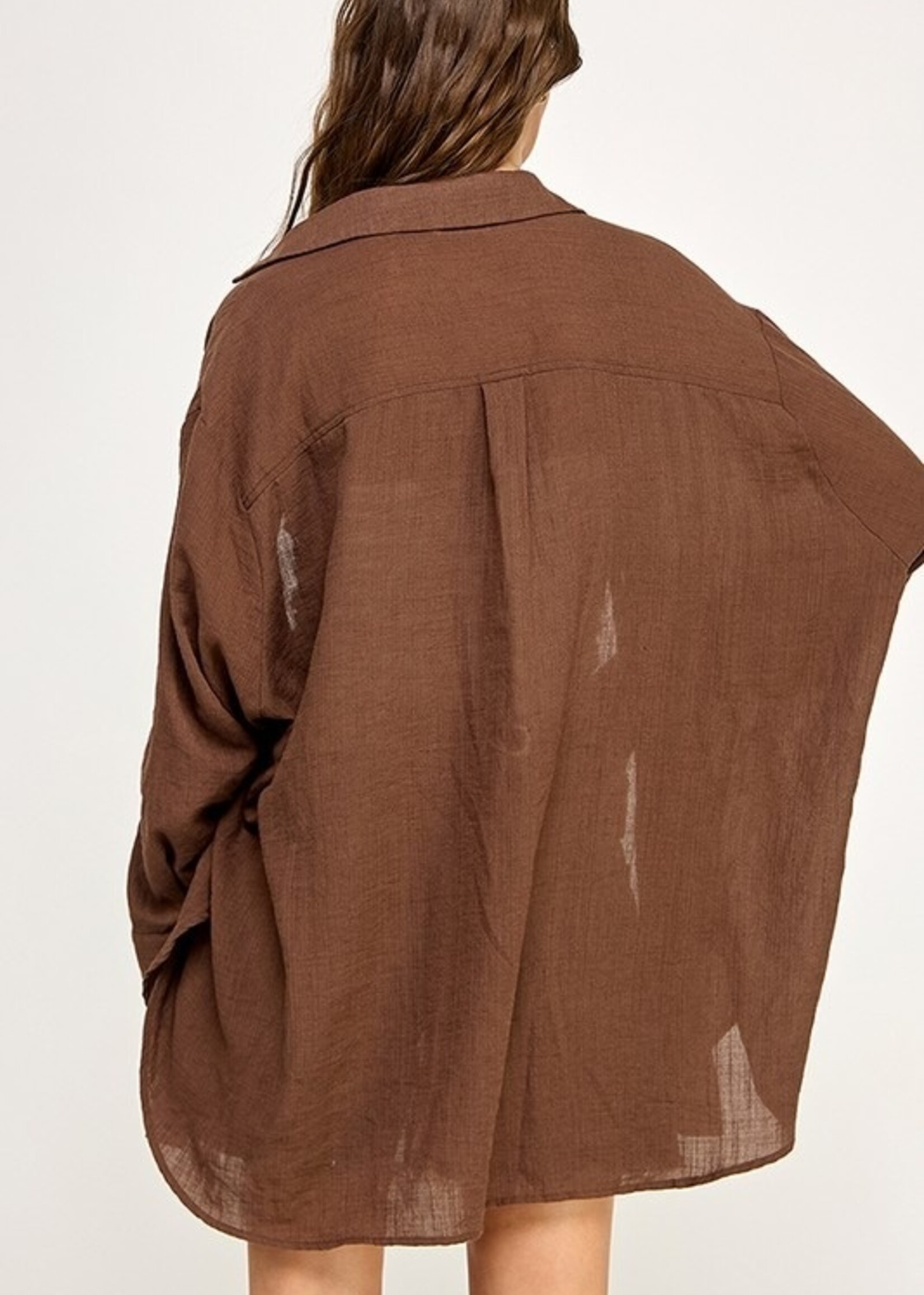 Miss Love Cotton Linen Blend Button Up Brown Long Sleeve Top