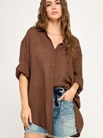 Miss Love Cotton Linen Blend Button Up Brown Long Sleeve Top
