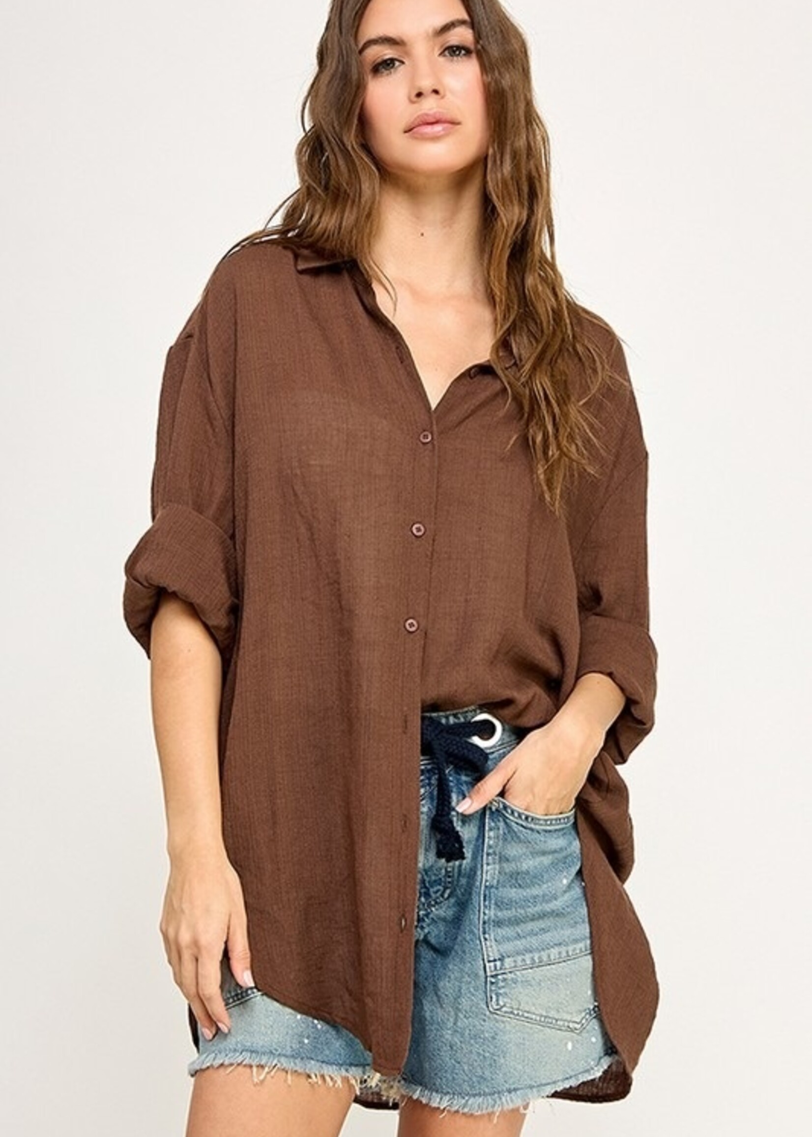 Miss Love Cotton Linen Blend Button Up Brown Long Sleeve Top
