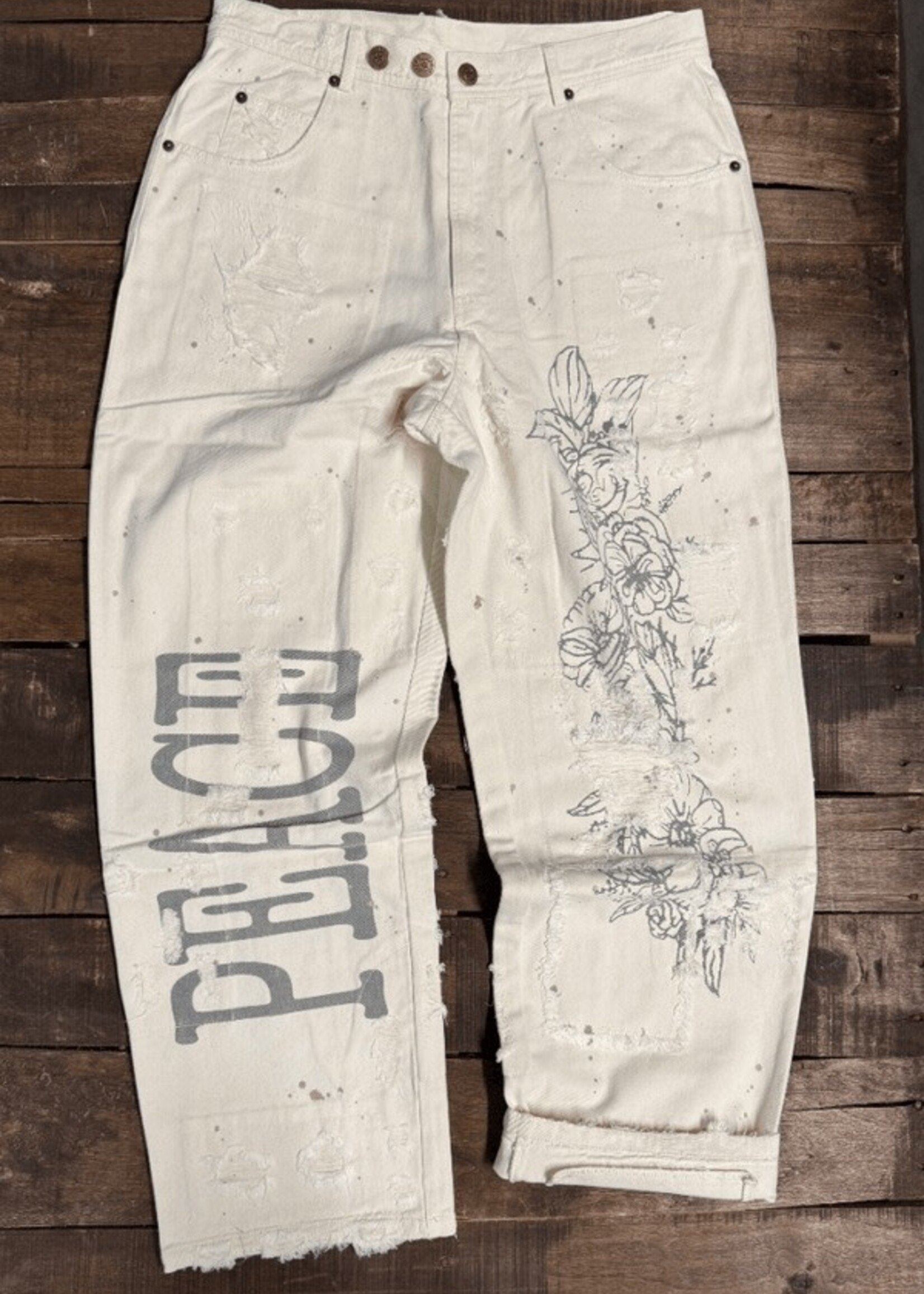 Jaded Gypsy Peace and Love Jeans Parchment Peace