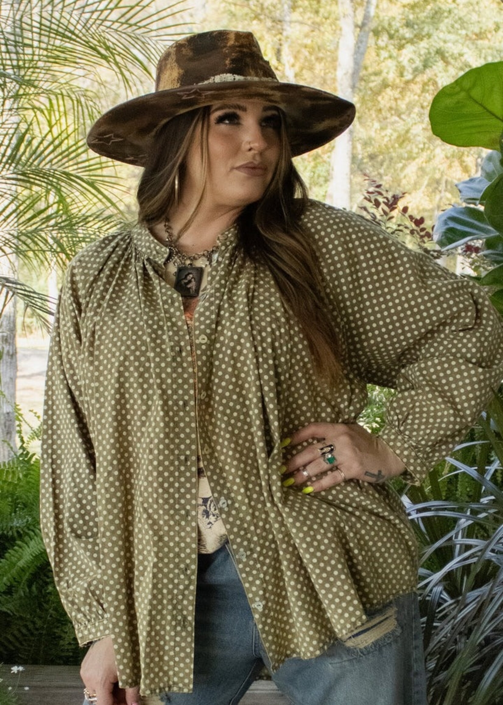 Jaded Gypsy Clothing Sweet Nothings Top Olive Dot One Size