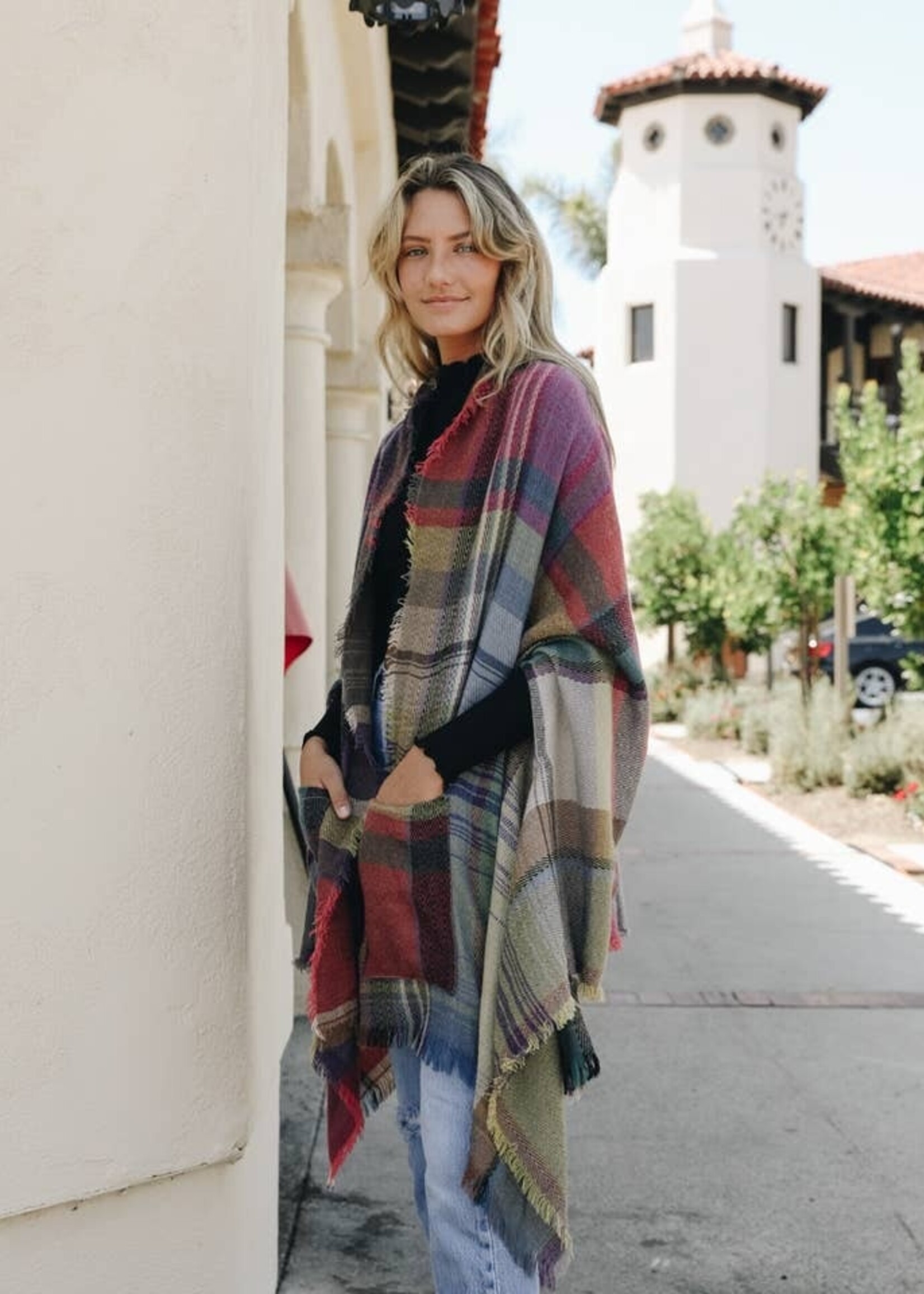 Fuschia Blue Plaid Pocket Ruana Scarf Poncho One Size