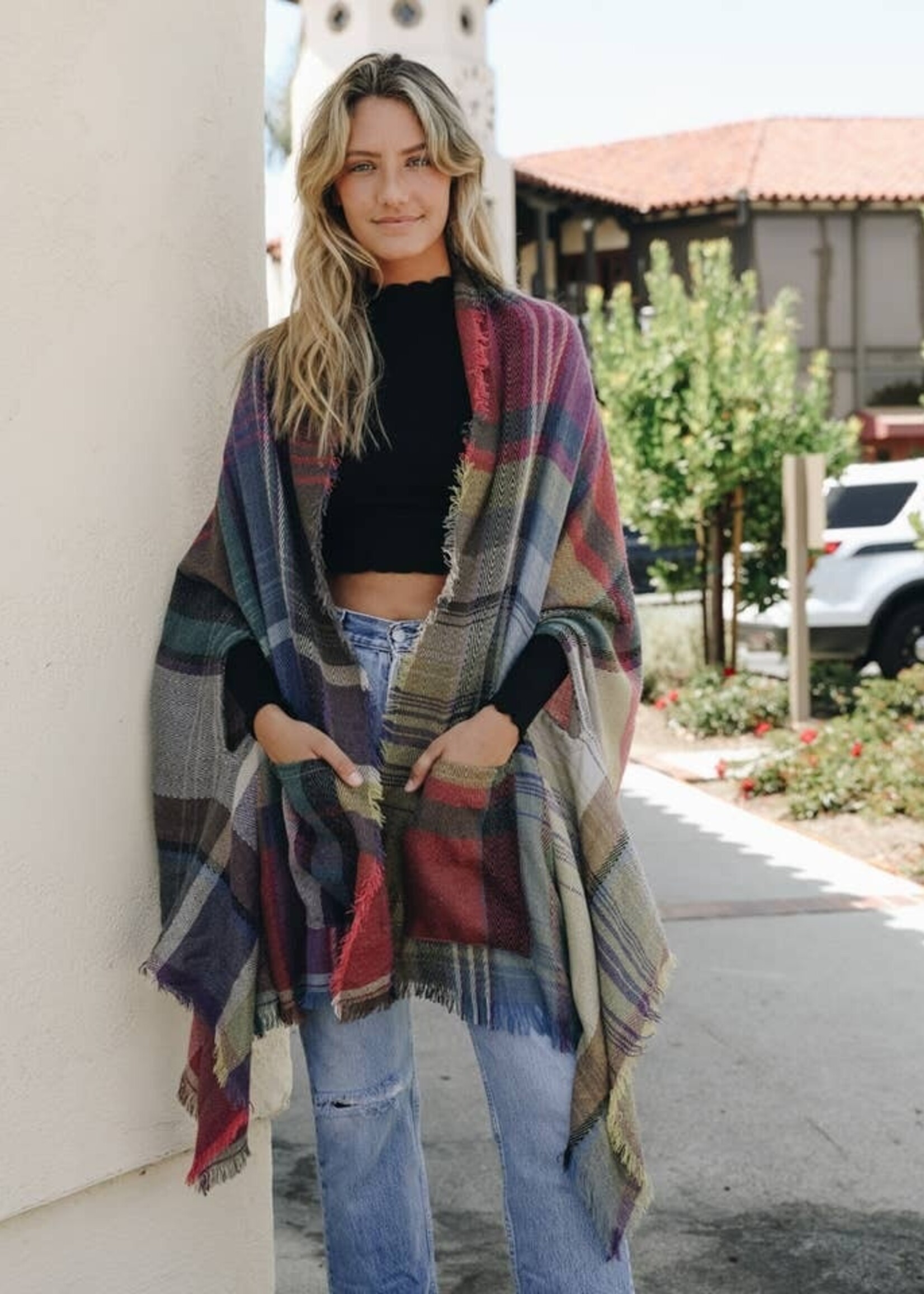 Fuschia Blue Plaid Pocket Ruana Scarf Poncho One Size