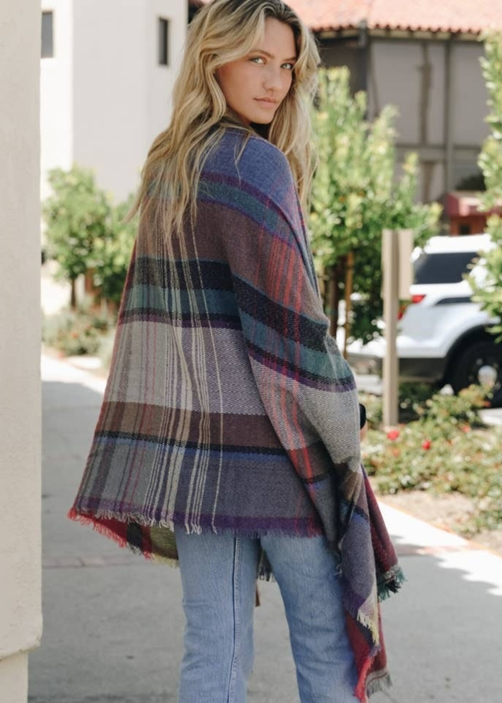Fuschia Blue Plaid Pocket Ruana Scarf Poncho One Size