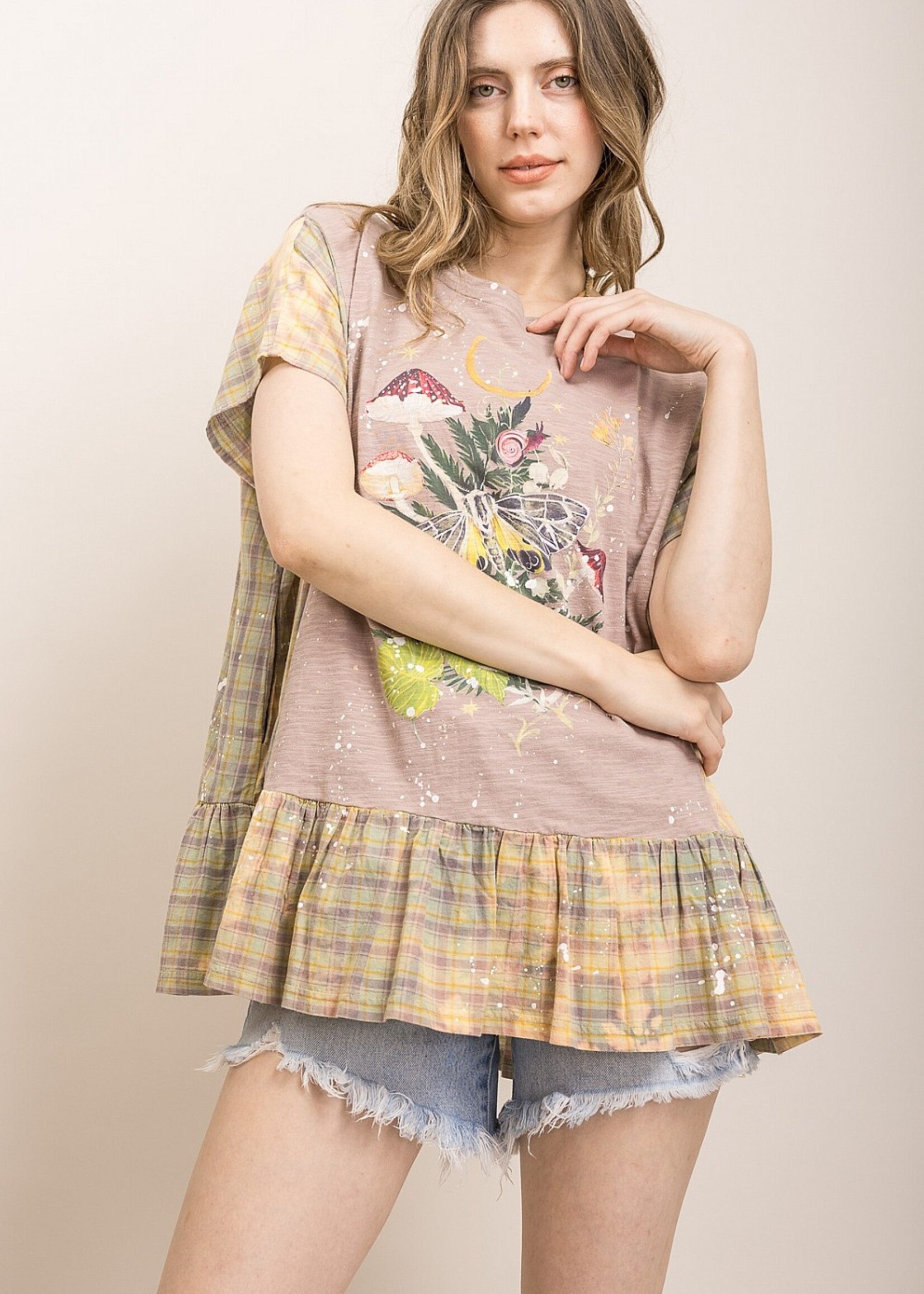 Blue Velvet Plaid Mushroom Tee Distressed