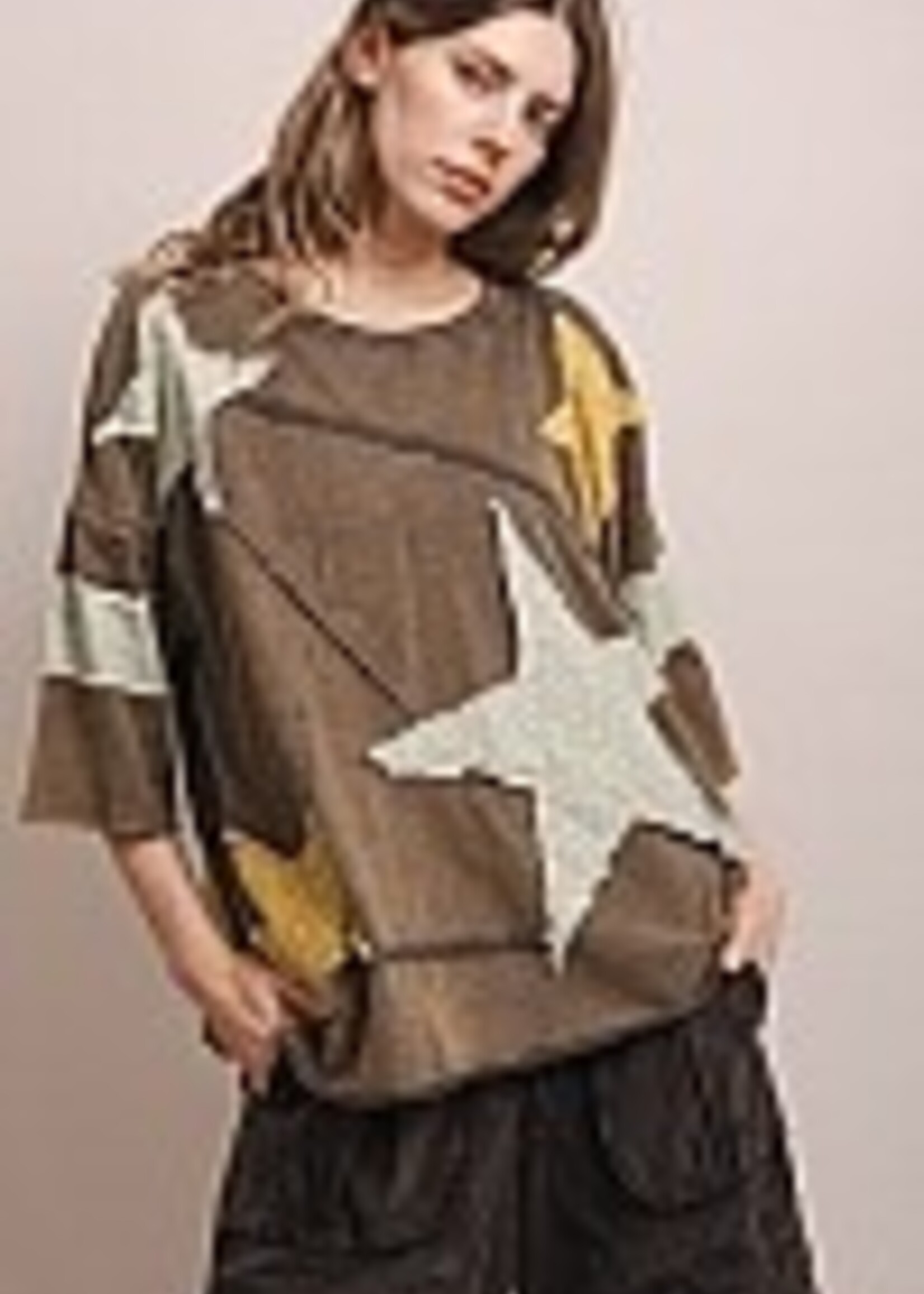 Blue Velvet Star Patch Work Round Neck Shirt Charcoal