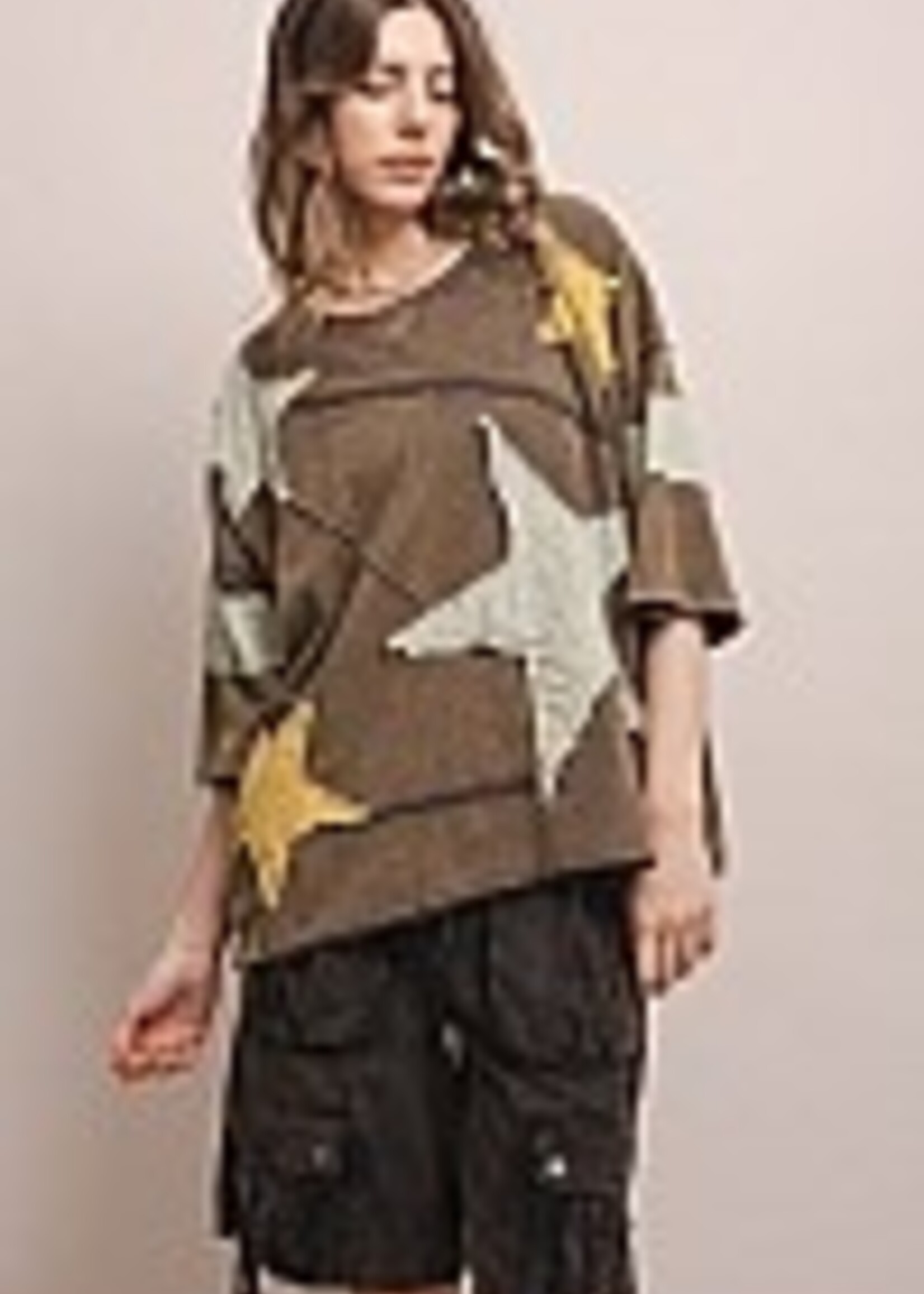 Blue Velvet Star Patch Work Round Neck Shirt Charcoal