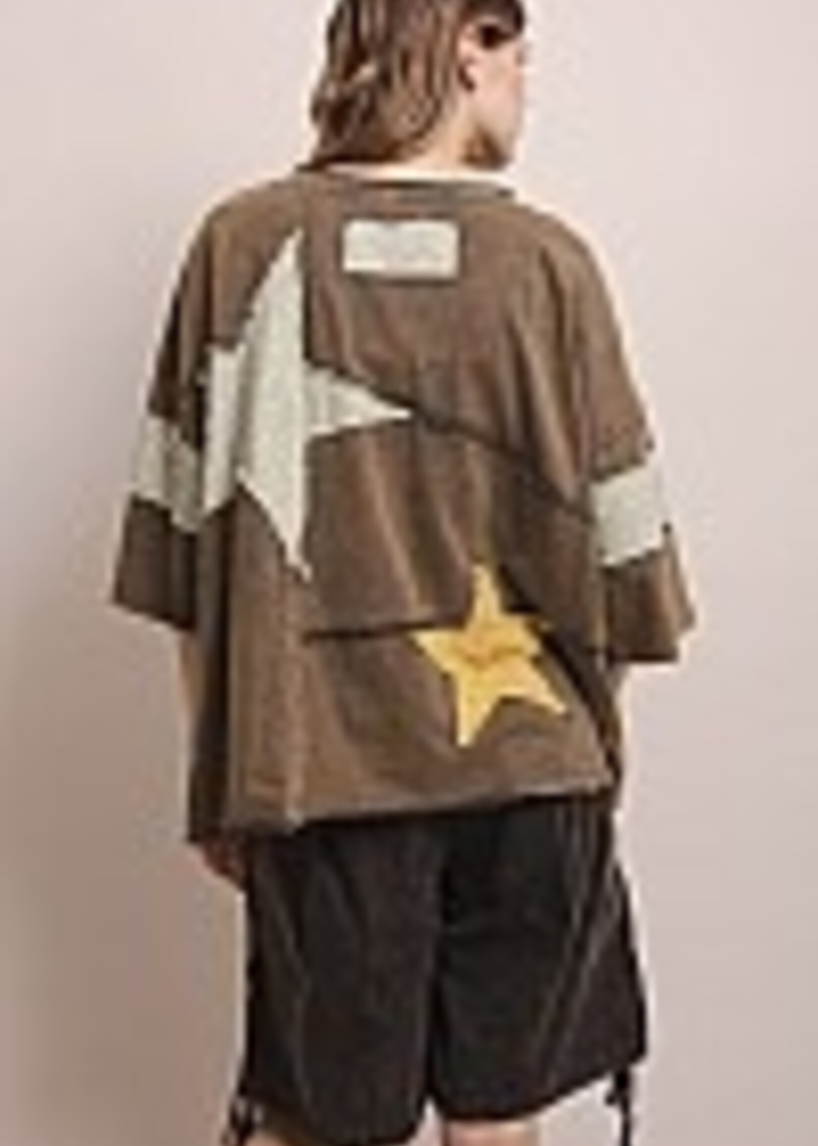 Blue Velvet Star Patch Work Round Neck Shirt Charcoal