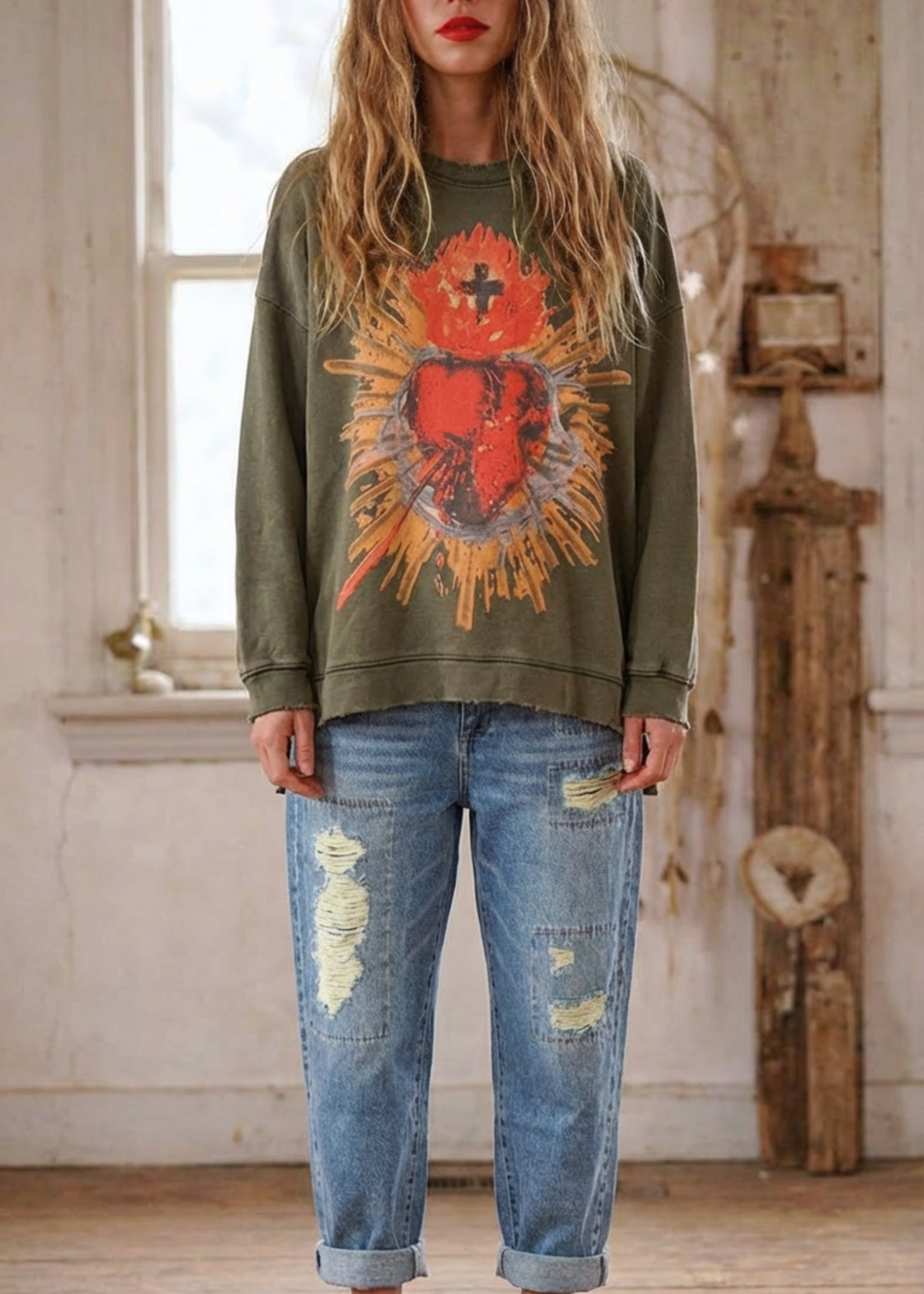 Jaded Gypsy Clothing Dance With The Moon Sweatshirt Olive Sacred Heart One Size PREORDER MARCH 26