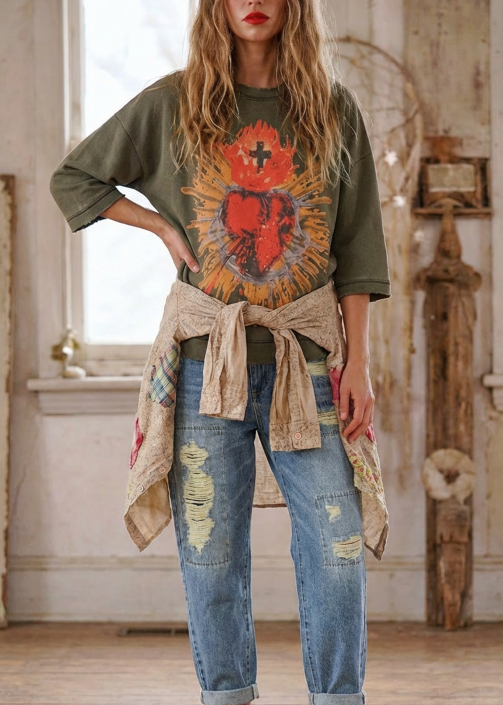 Jaded Gypsy Clothing Dance With The Moon Sweatshirt Olive Sacred Heart One Size PREORDER MARCH 26