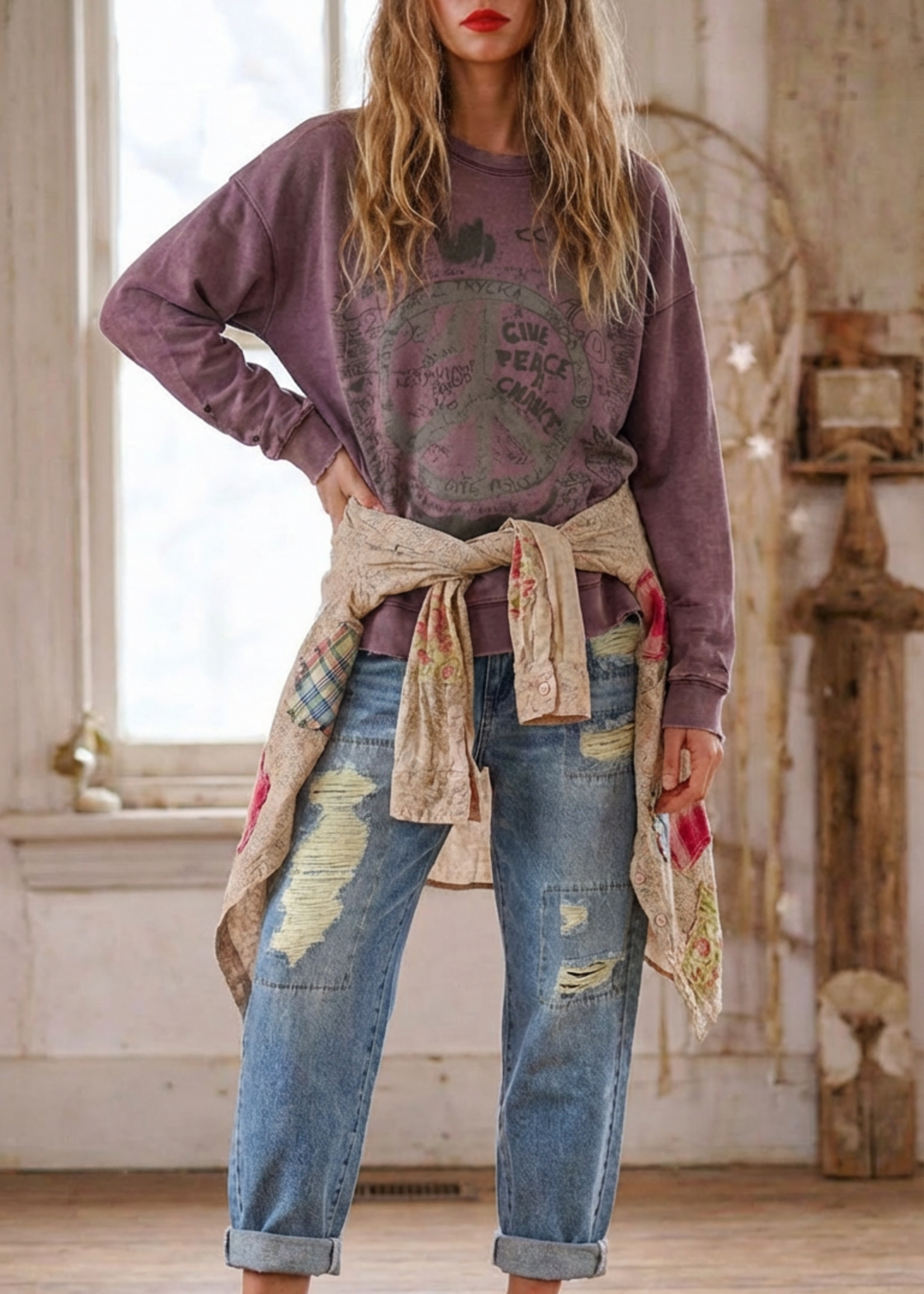 Jaded Gypsy Clothing Dance With The Moon Sweatshirt Peace Plum One Size PREORDER MARCH 26