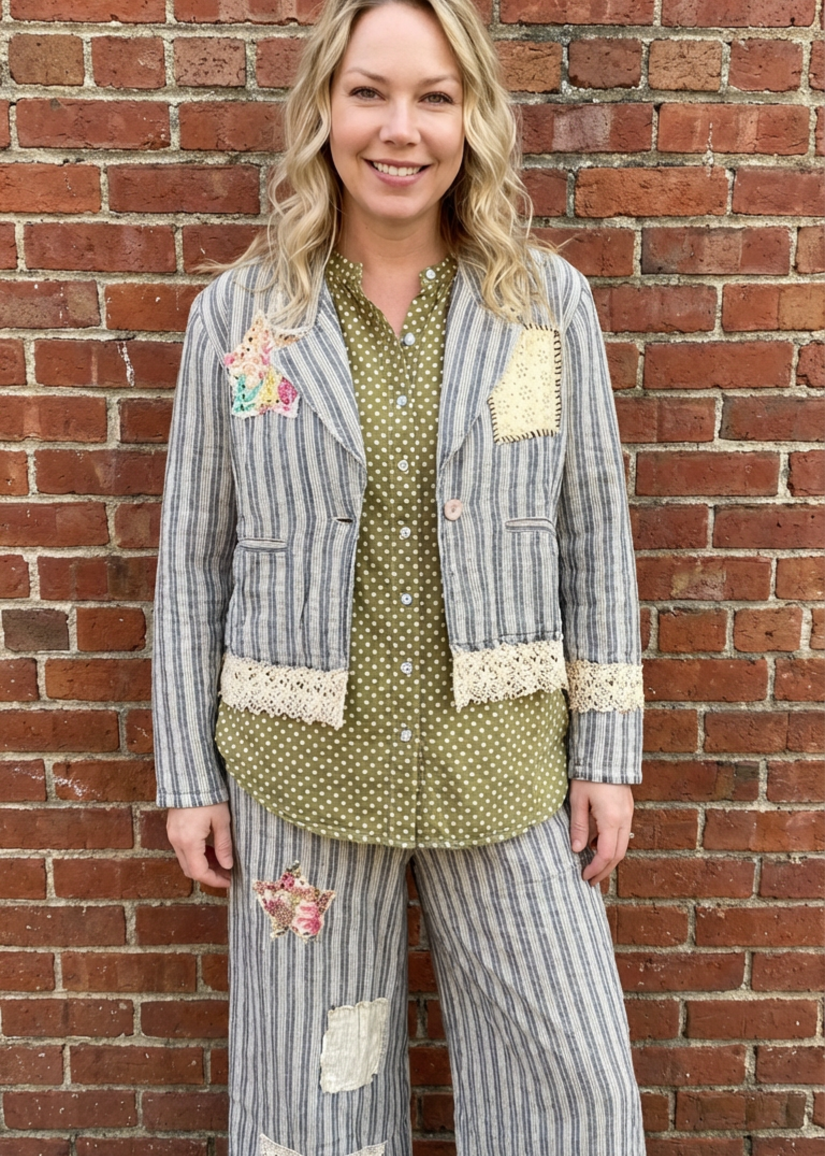 Jaded Gypsy Lined Up Jacket Cropped Striped Boho Jacket with Lace & Appliqués