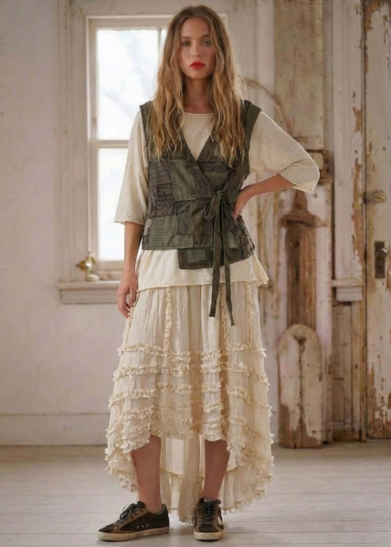 Blue Velvet Patchwork Unbalanced Vest Olive Combo