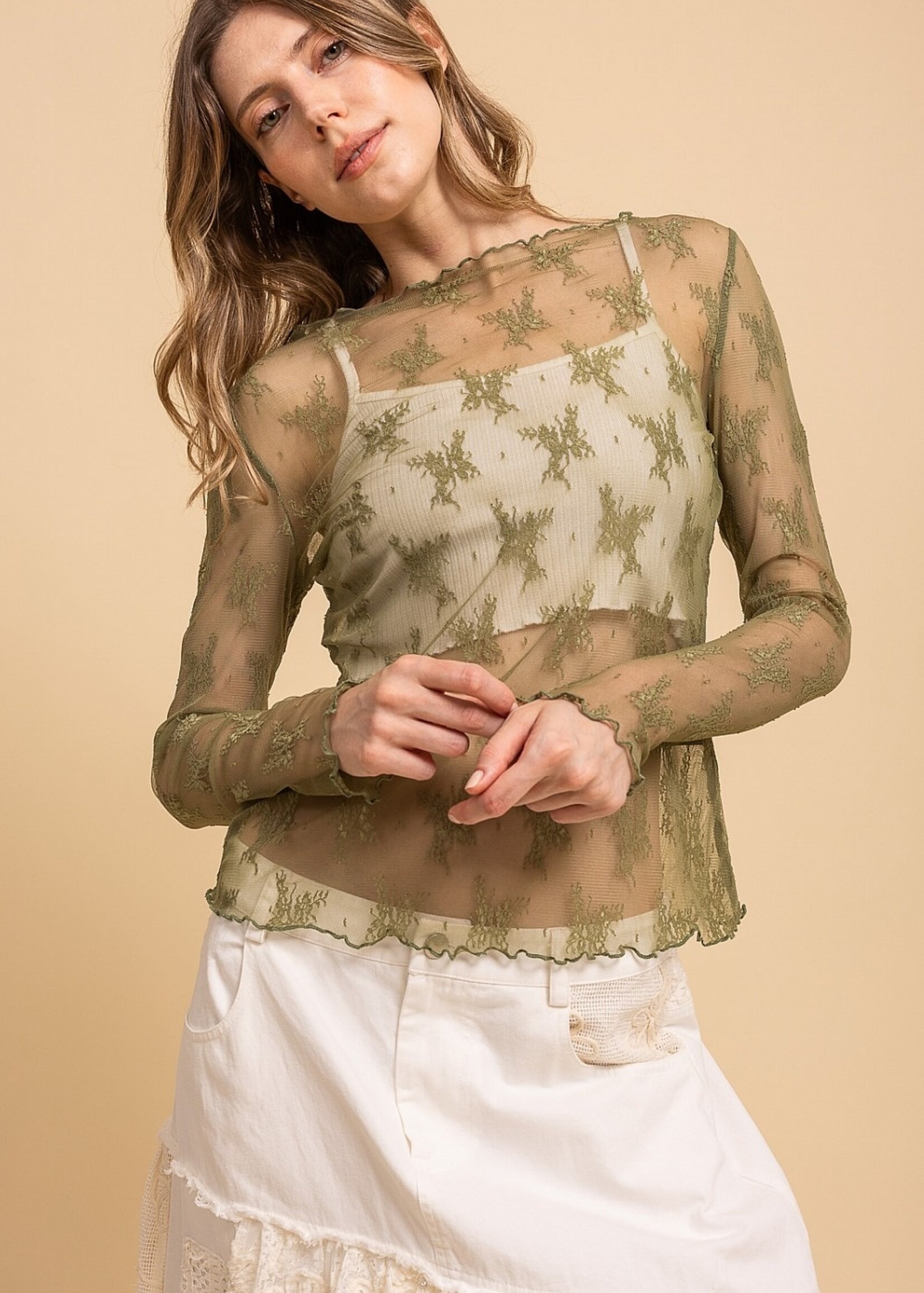 Blue Velvet Embroidered Long Sleeve Mesh Top Olive