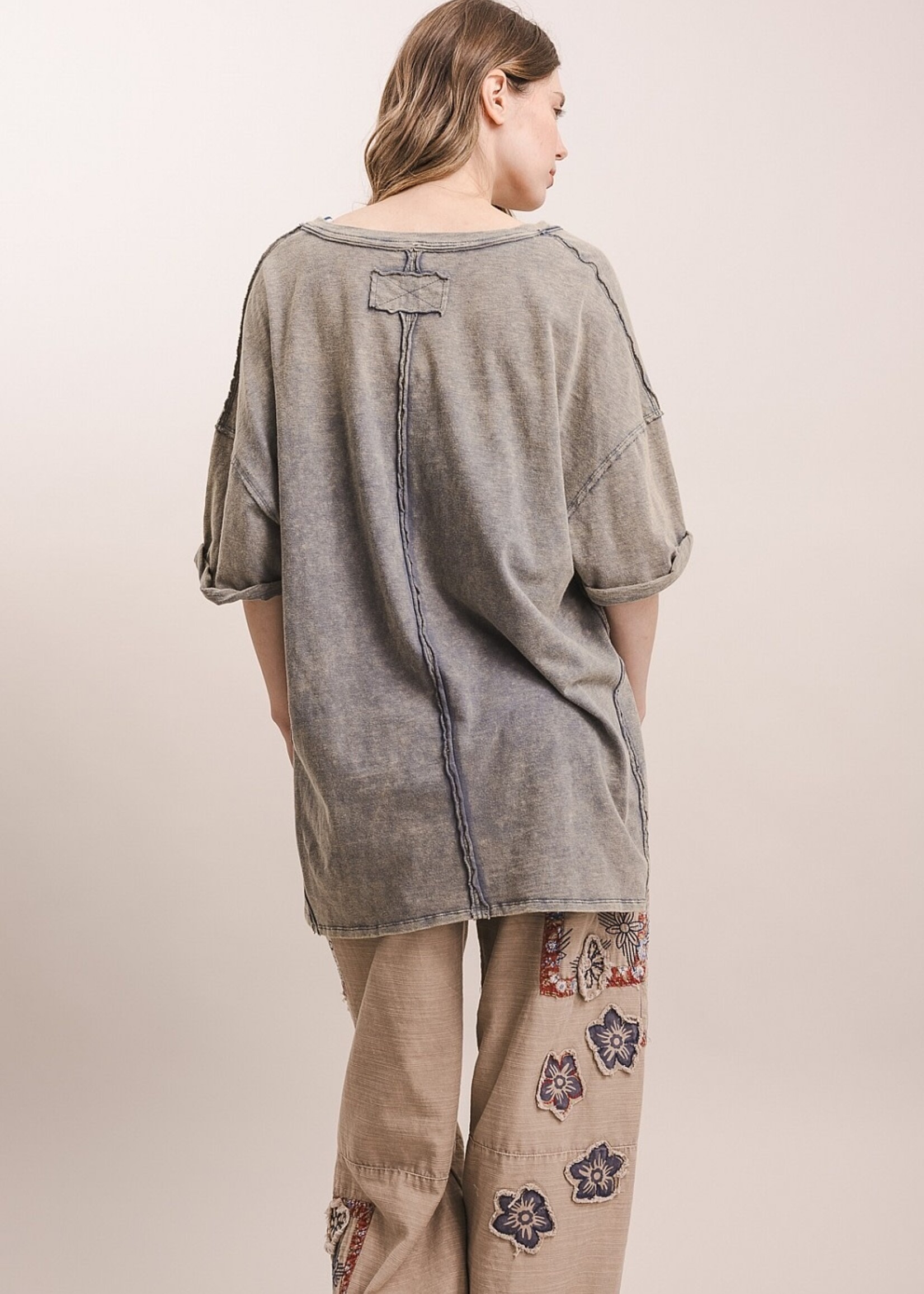 Blue Velvet V Neck Short Sleeve Oversized Top Faded Navy