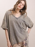 Blue Velvet V Neck Short Sleeve Oversized Top Faded Navy