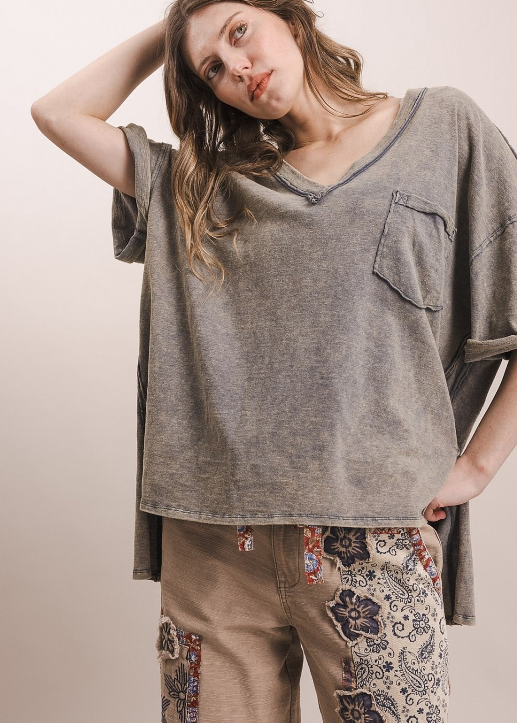 Blue Velvet V Neck Short Sleeve Oversized Top Faded Navy