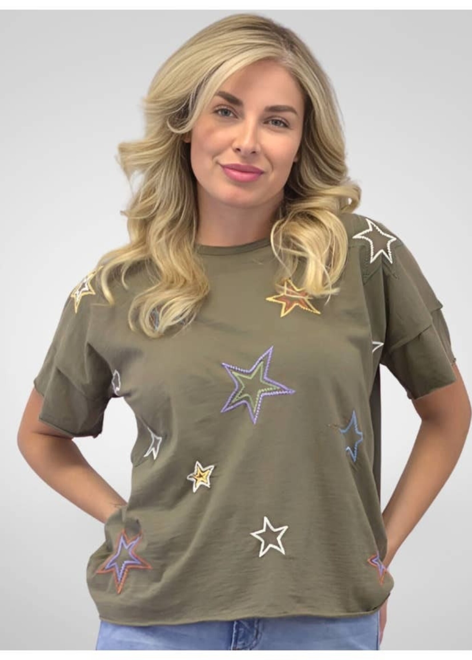 Caite & Kyla Juniper Tee Army Green Embroidered Stars
