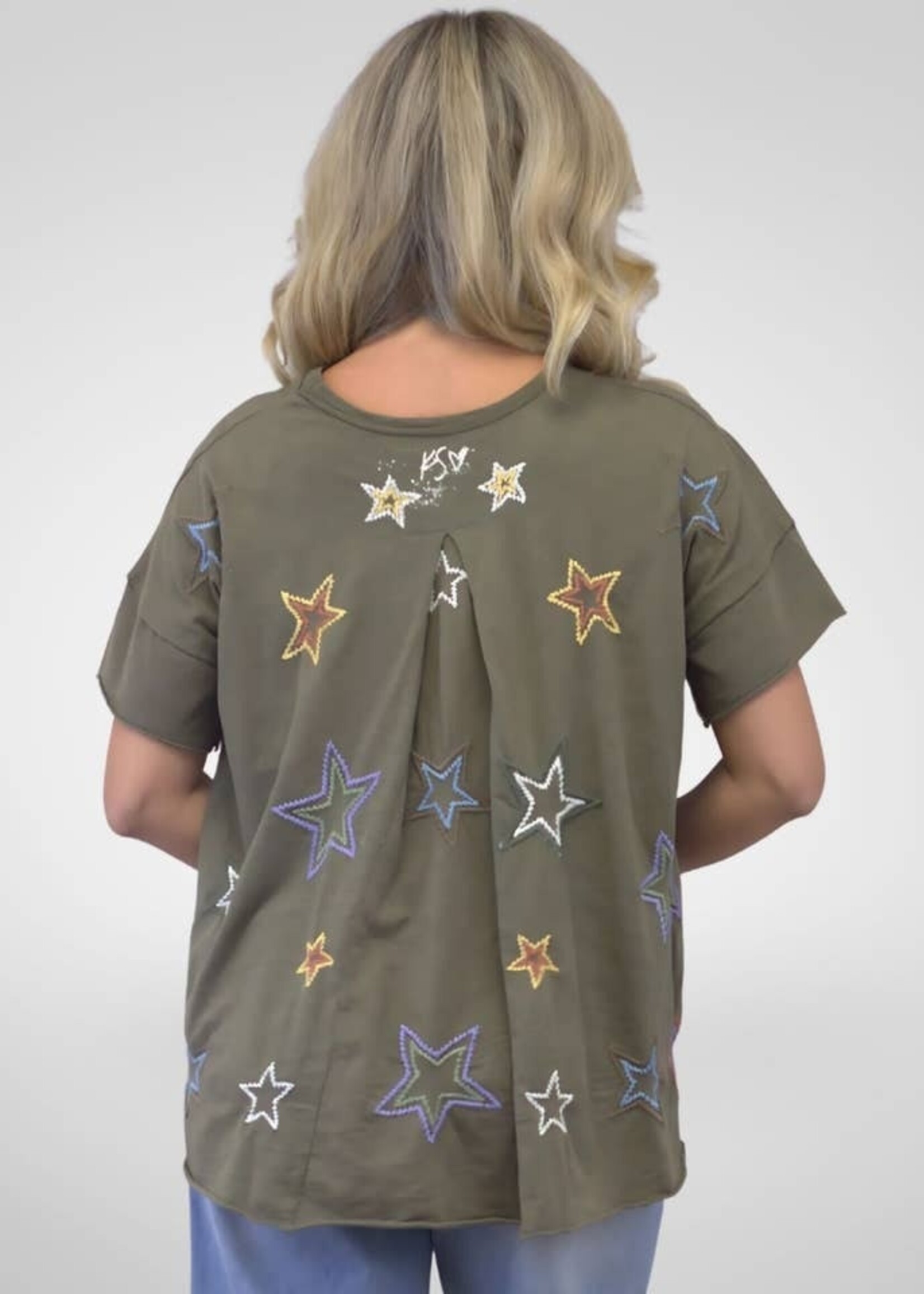 Caite & Kyla Juniper Tee Army Green Embroidered Stars