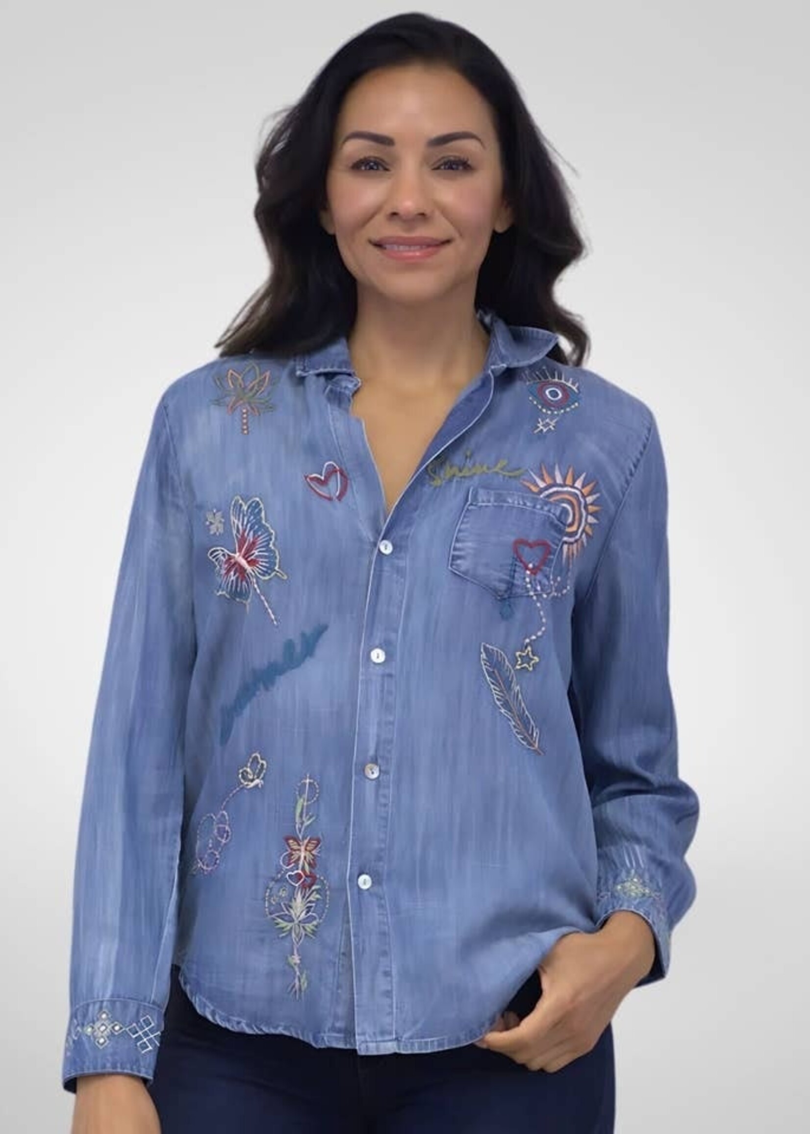 Caite & Kyla Adira Embroidered Denim-Look Tencel Button-Up