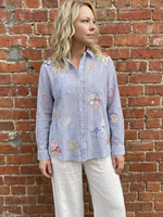 Caite & Kyla Andee Embroidered Blue Stripe Cotton Button-Up