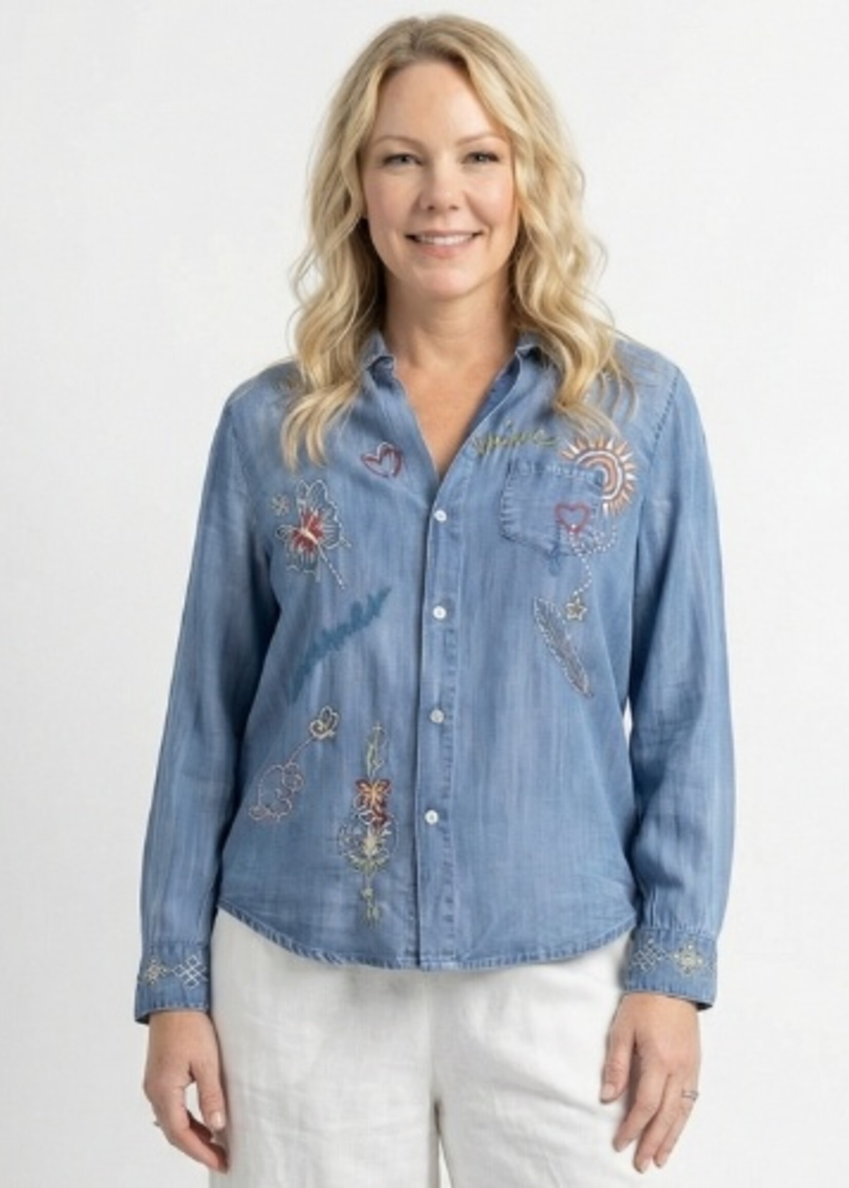 Caite & Kyla Adira Embroidered Denim-Look Tencel Button-Up