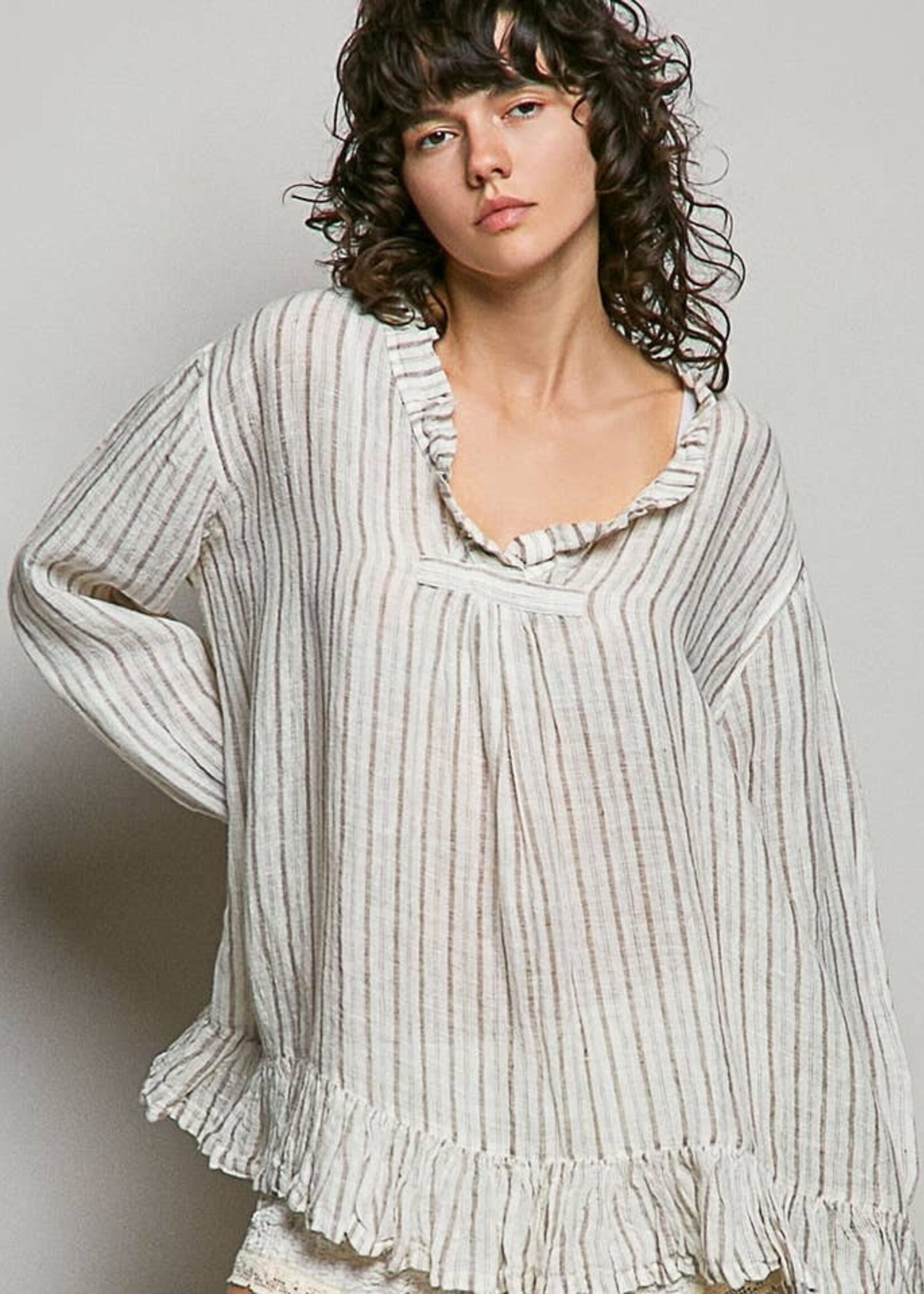 POL Stripe Cotton Ruffle Top Natural PREORDER MAR/APR 26