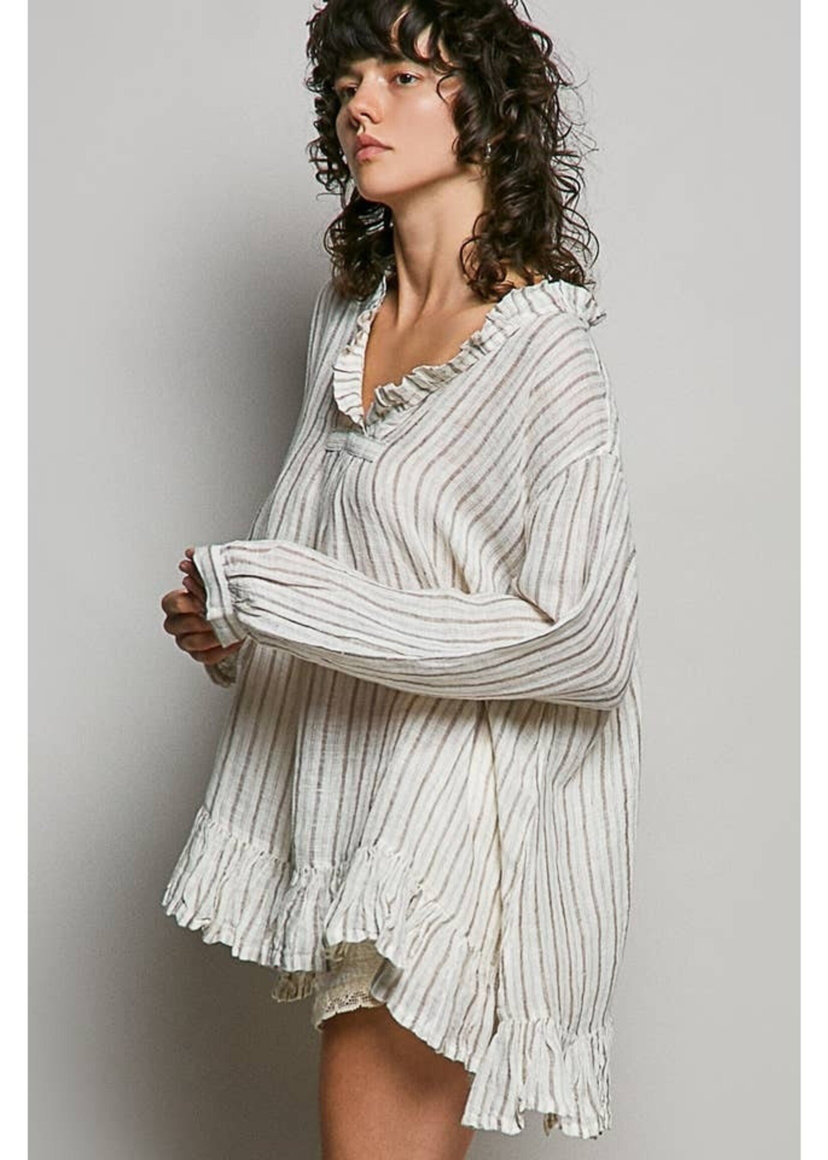 POL Stripe Cotton Ruffle Top Natural PREORDER MAR/APR 26