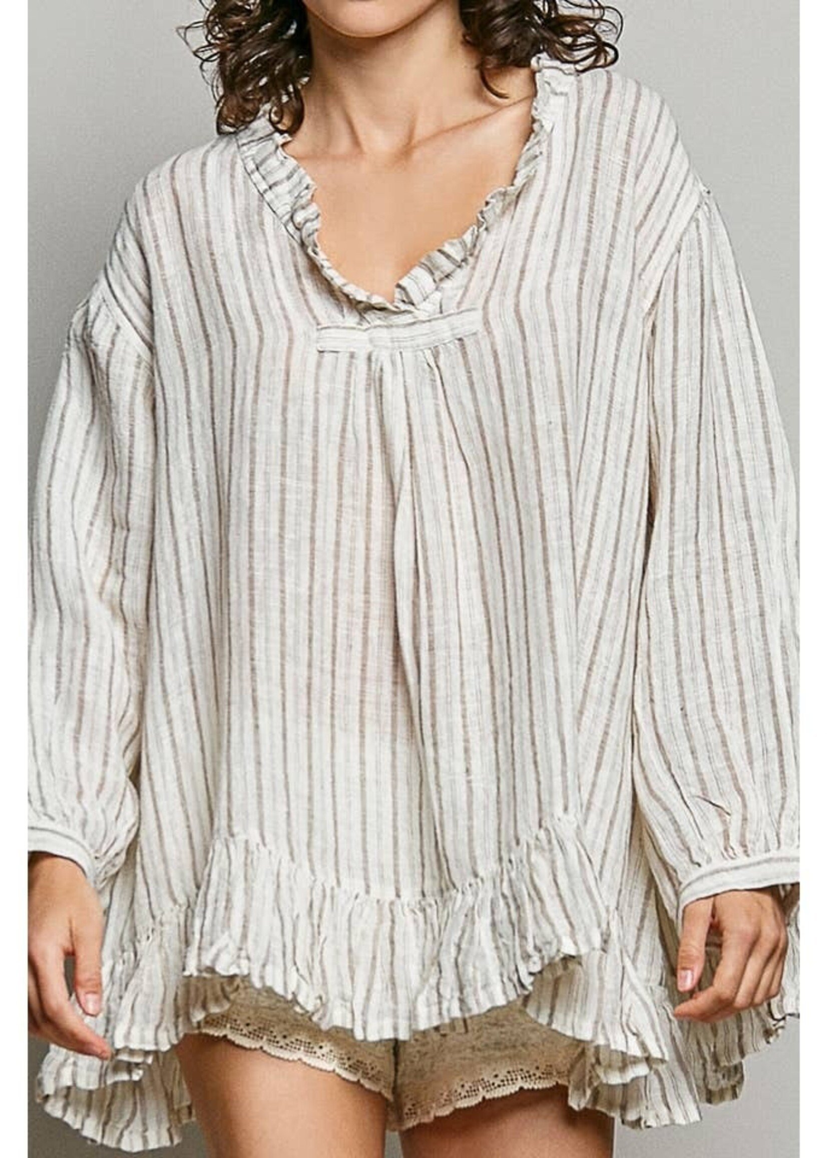 POL Stripe Cotton Ruffle Top Natural PREORDER MAR/APR 26