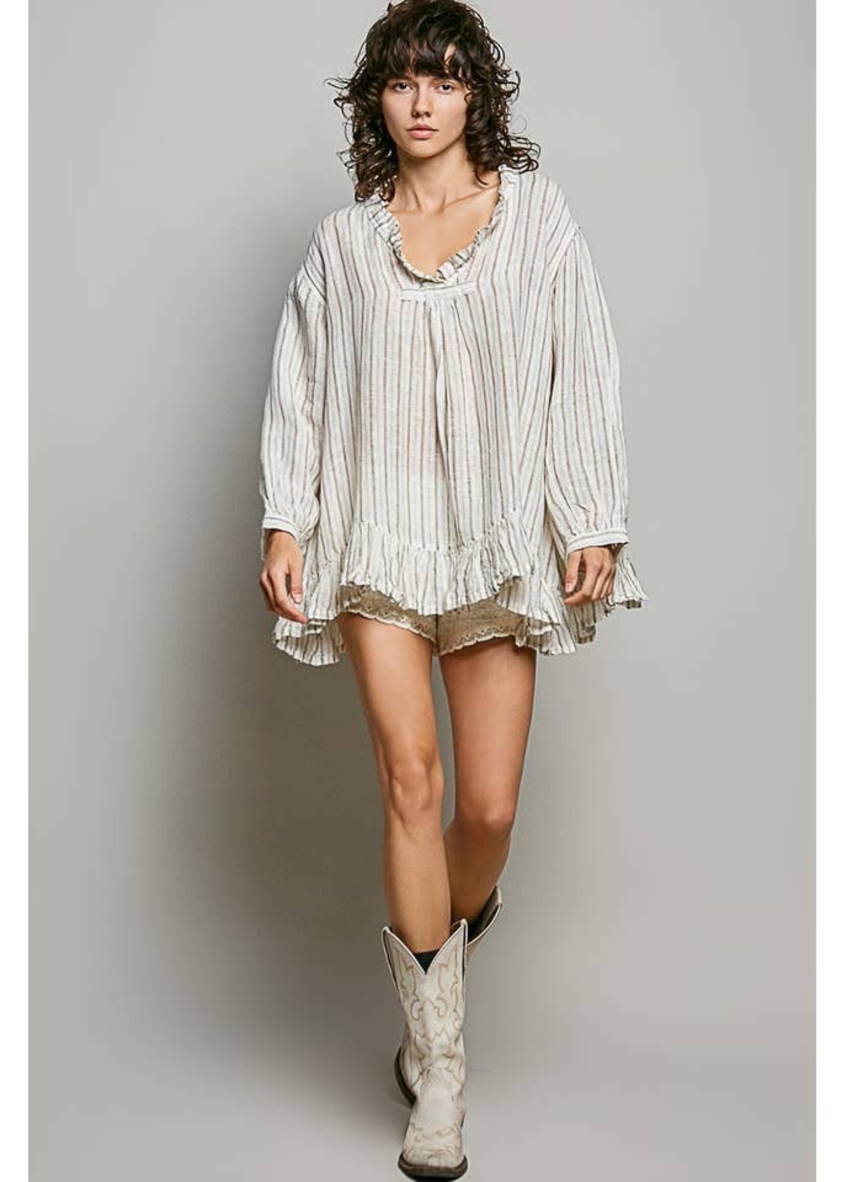 POL Stripe Cotton Ruffle Top Natural PREORDER MAR/APR 26