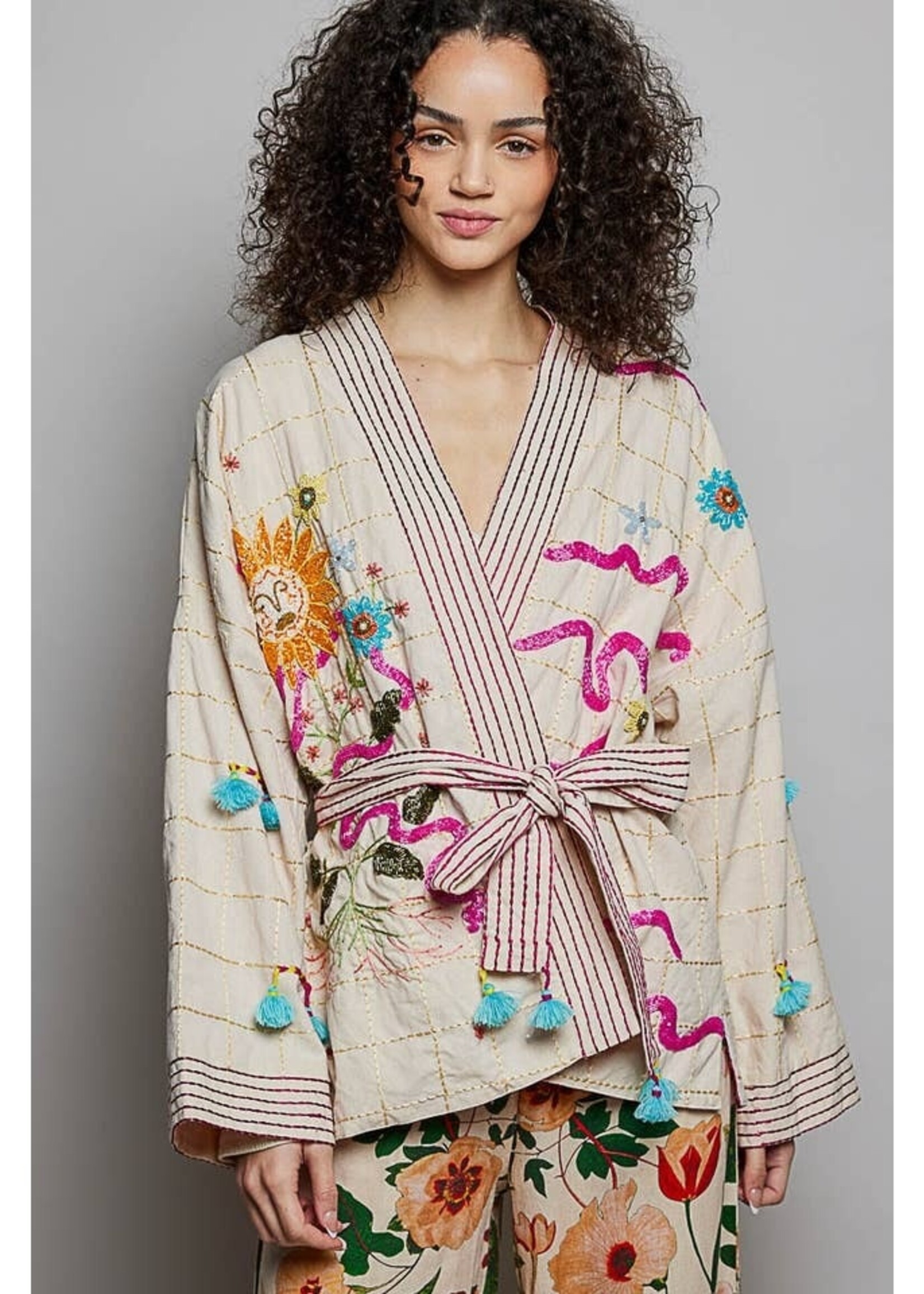 POL Beaded Kimono Cardigan Natural