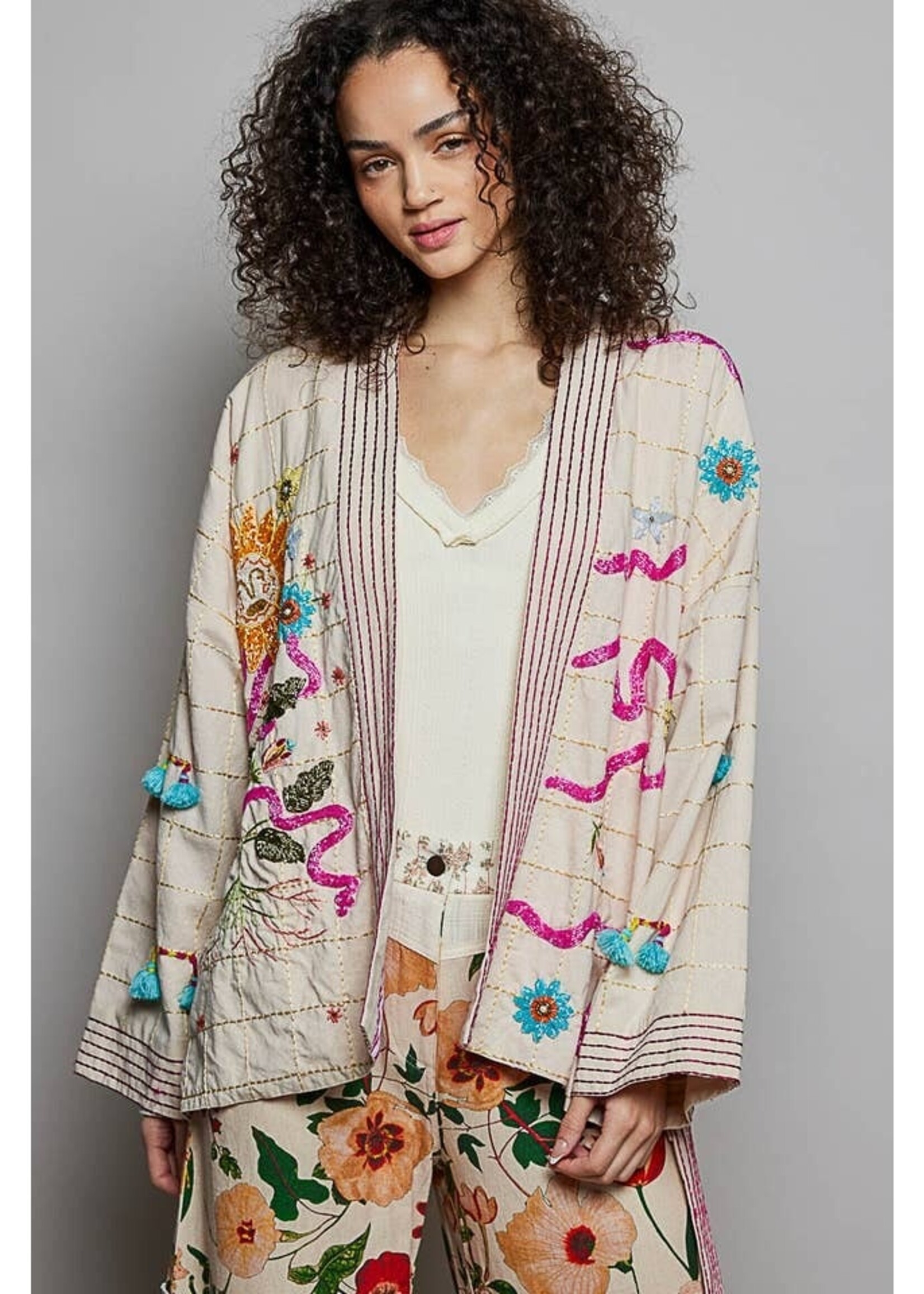 POL Beaded Kimono Cardigan Natural