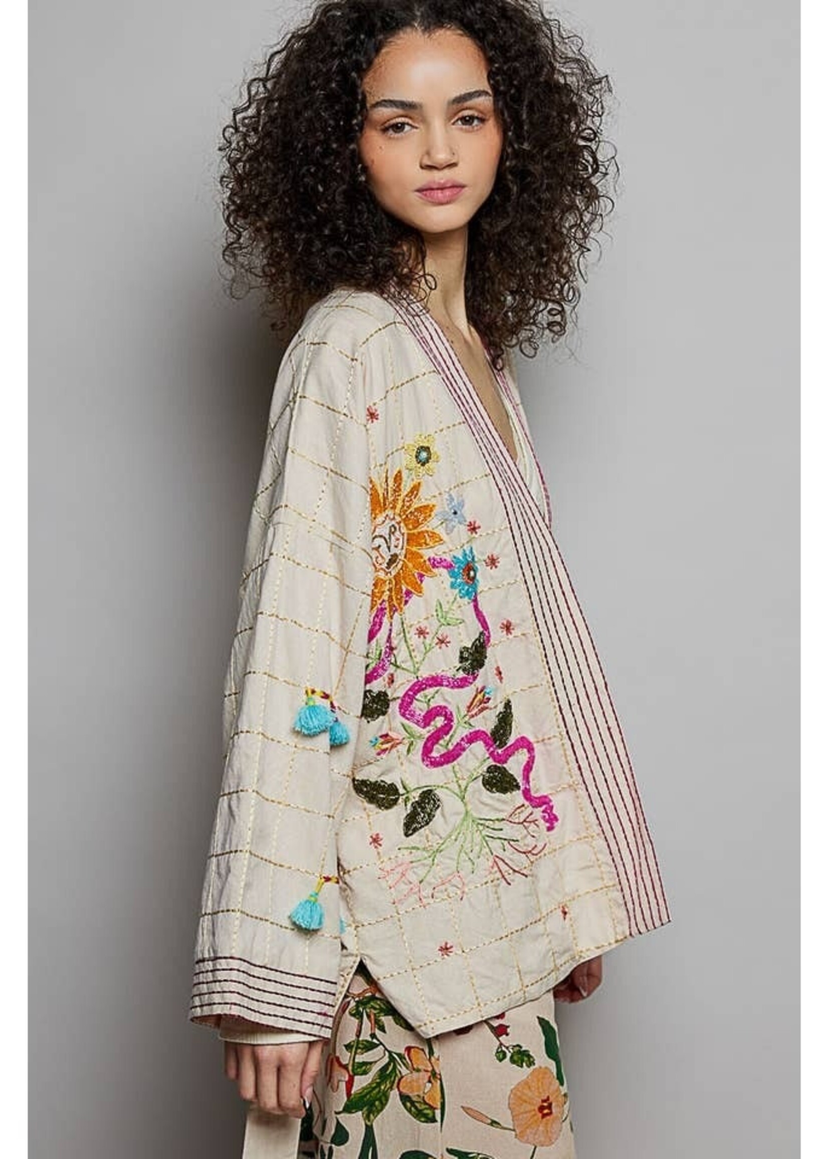 POL Beaded Kimono Cardigan Natural