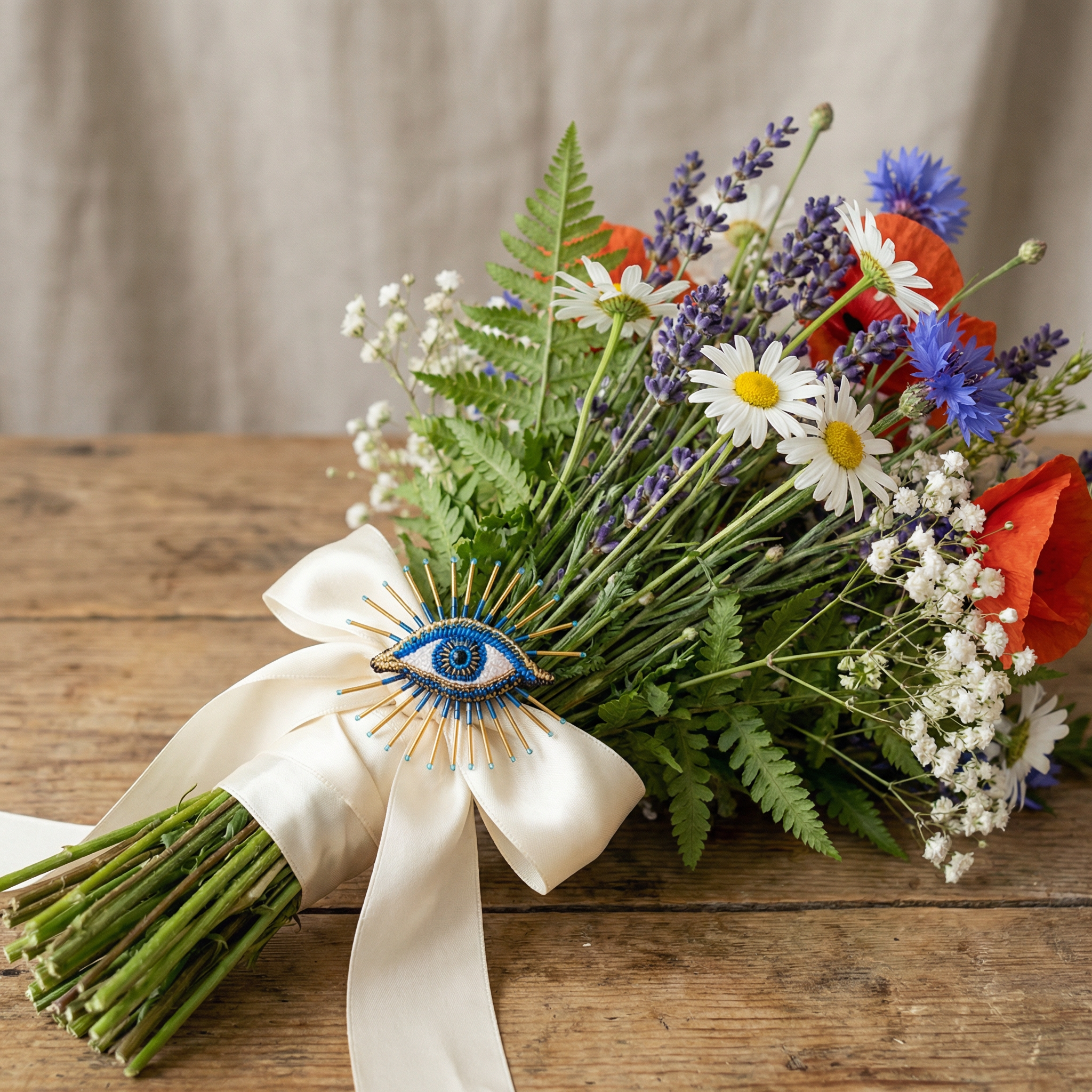 trovelore eye brooch on bridal bouquet