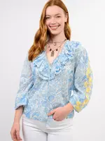 Ivy Jane, Uncle Frank & Sister Mary Vivian Top Blue & White Boho Ruffle Top