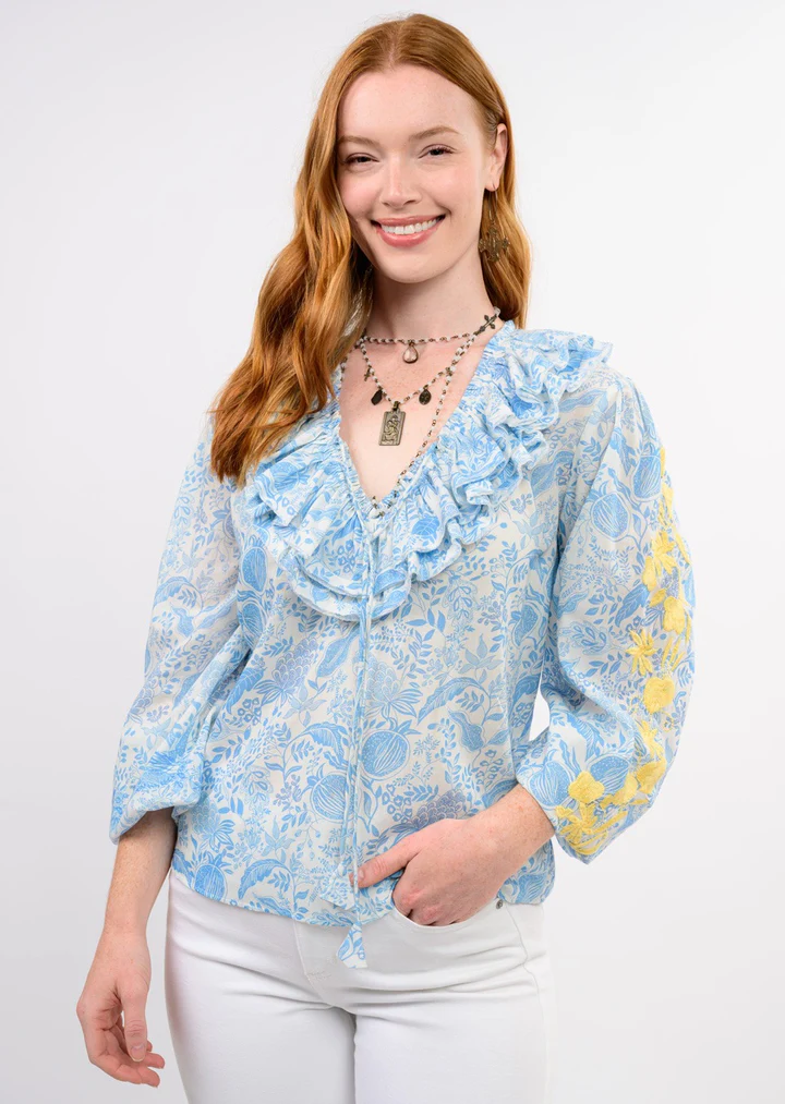 Sister Mary Vivian Boho Ruffle Top - Blue & White Floral Blouse