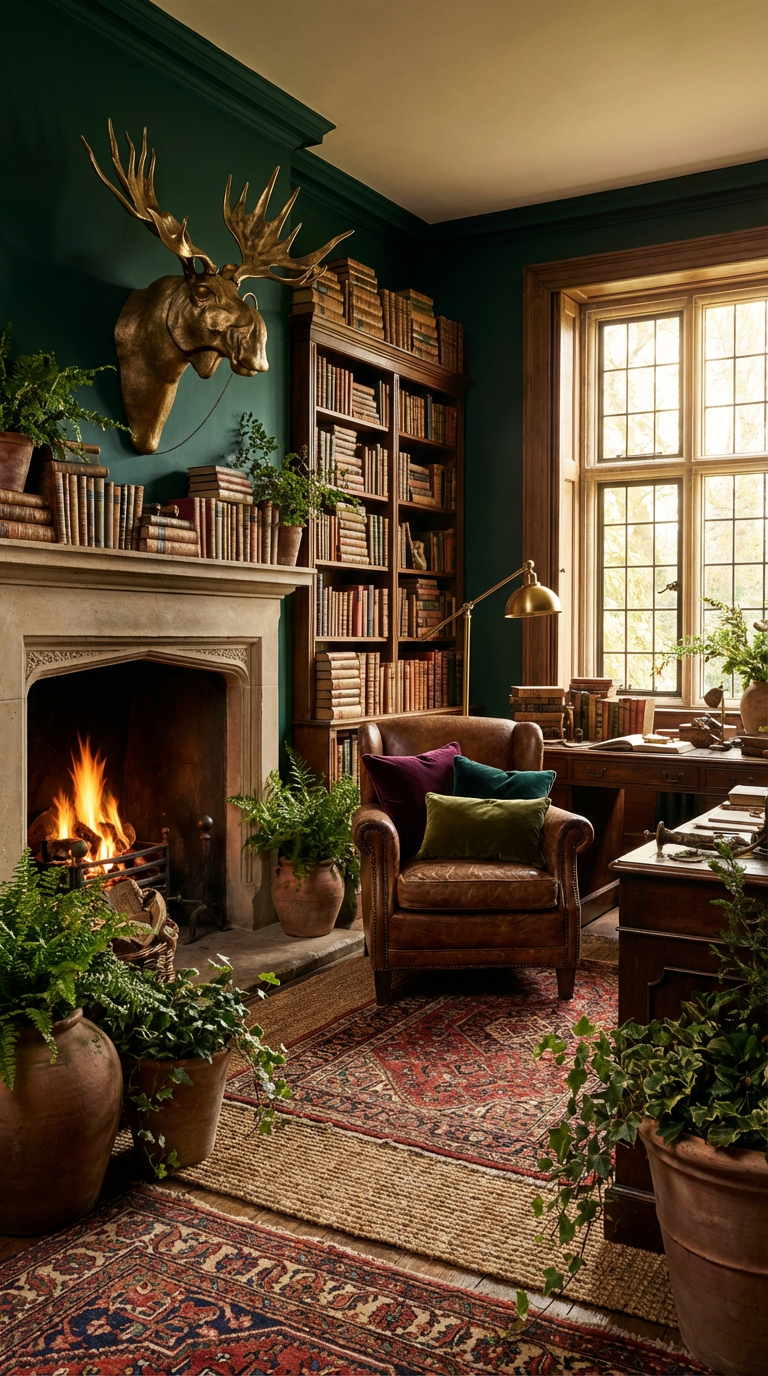 biophilic English cottage cozy library
