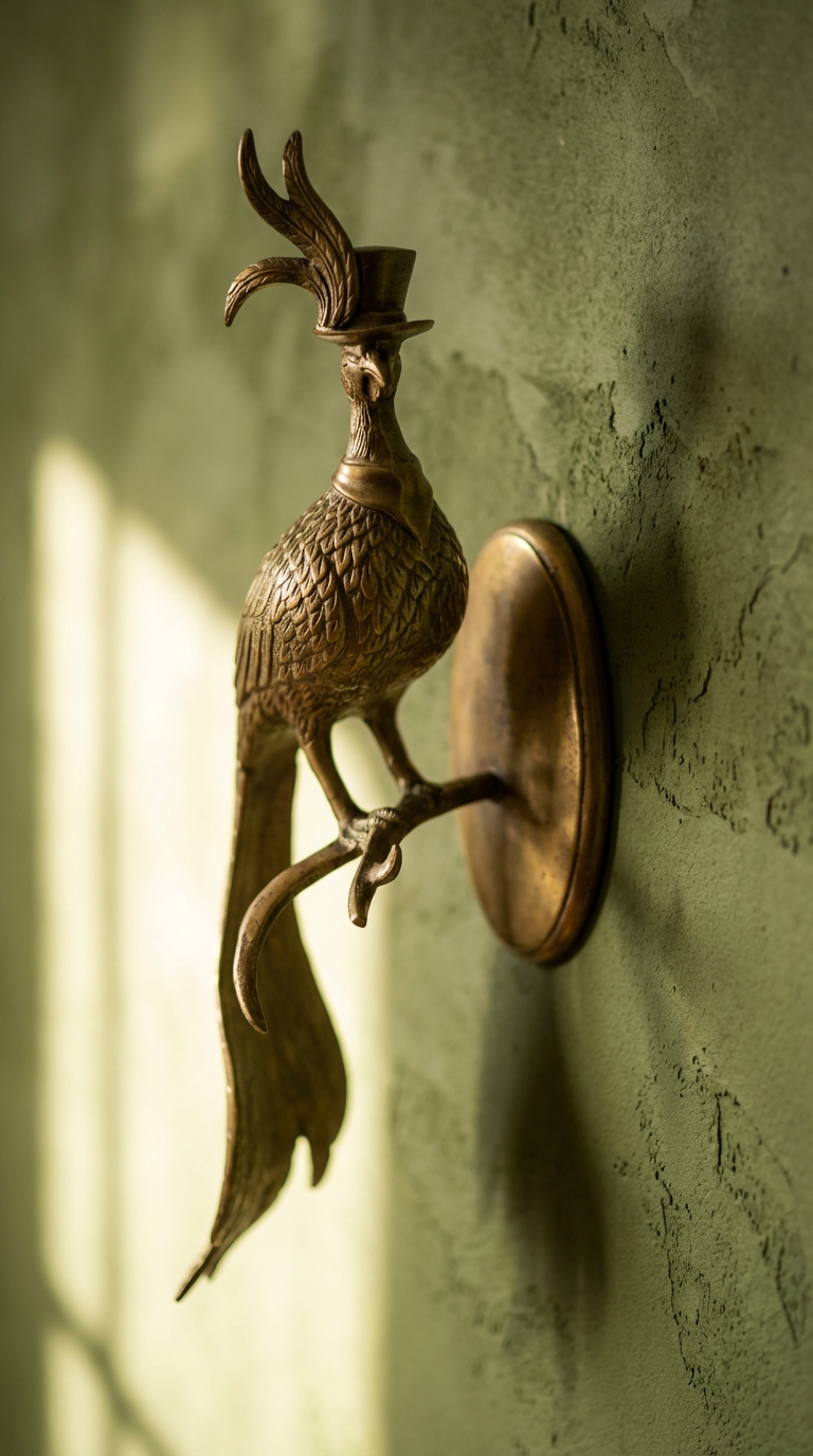 closeup of Emerson pheasant on textured moss green wall
