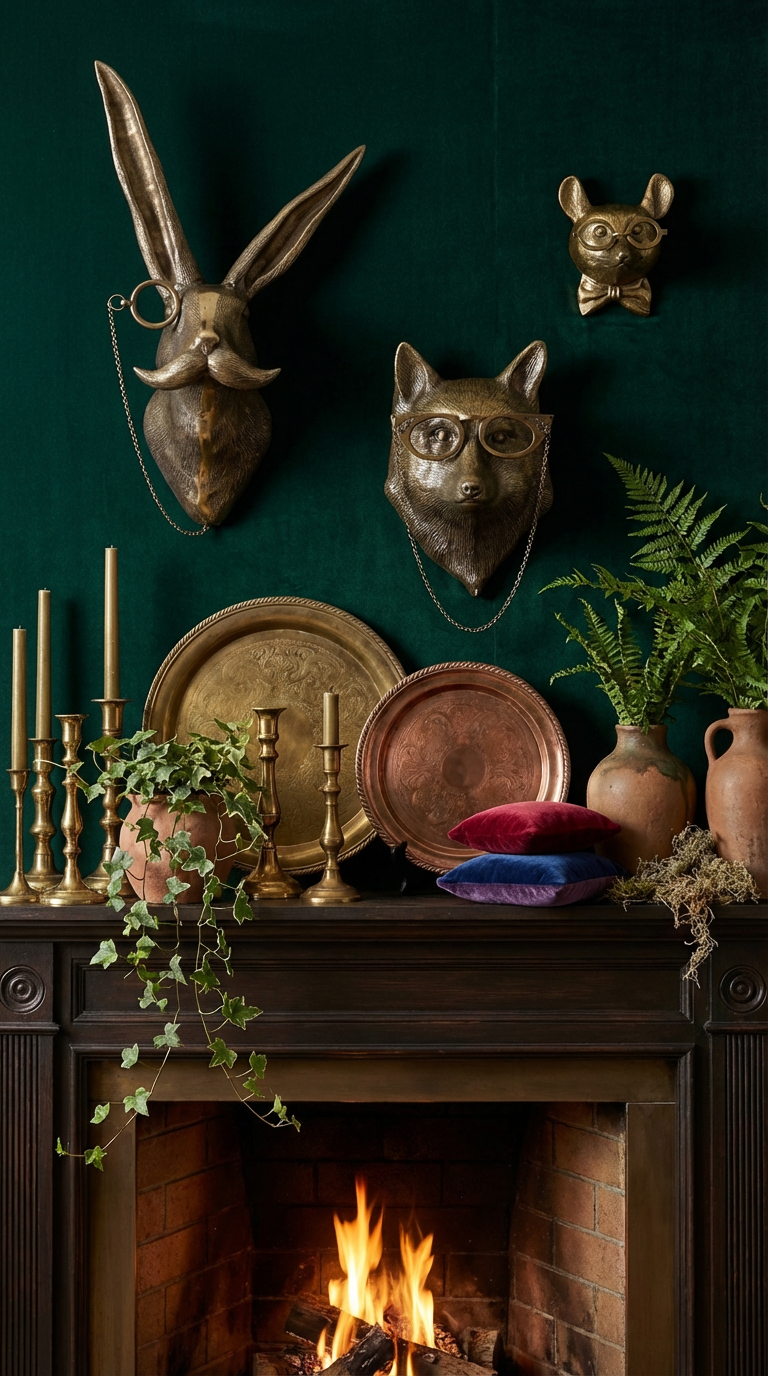 moody maximilist biophilic mantle styling