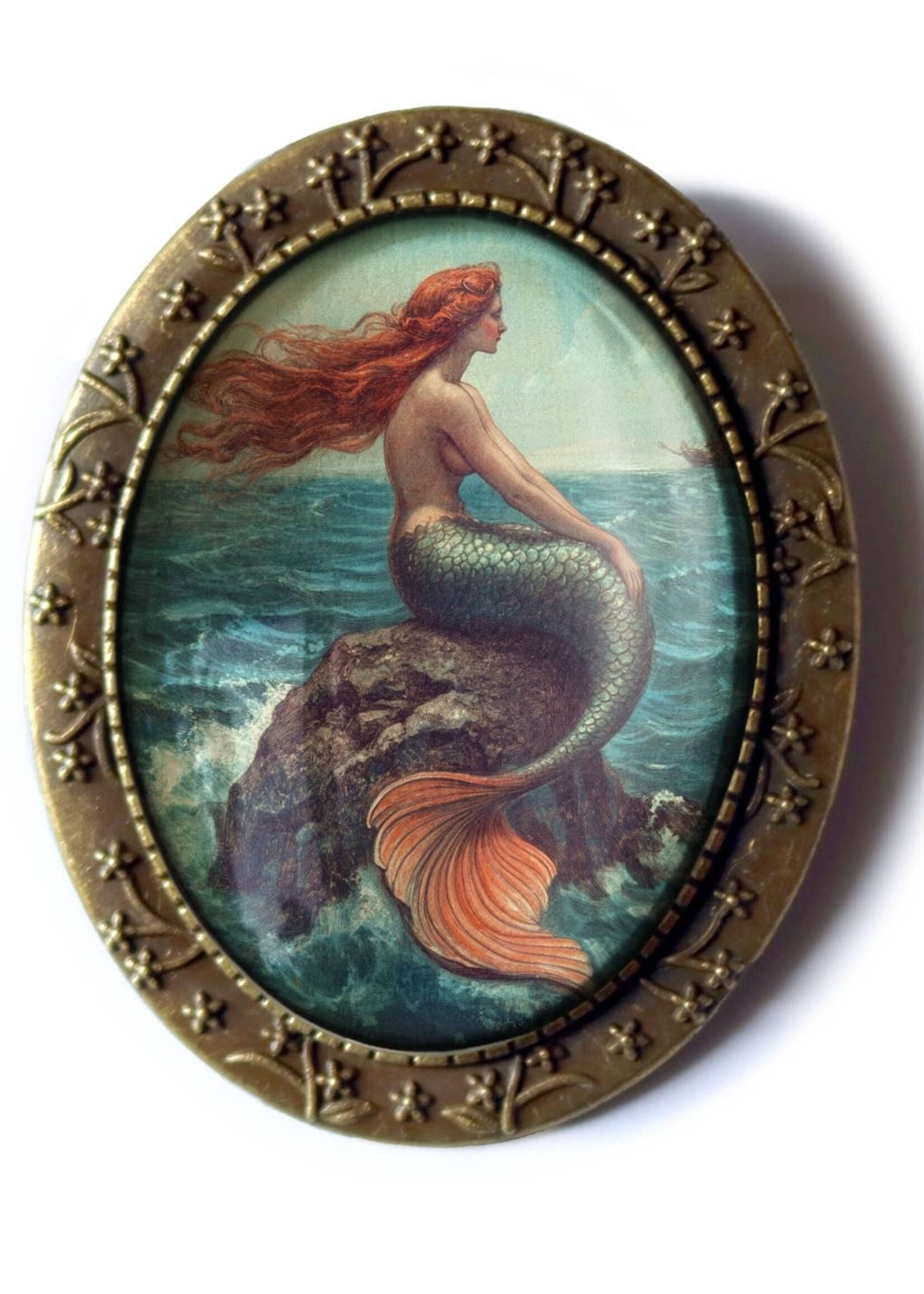 The Divine Iguana Victorian Mermaid Oval Glass Cabochon Brooch