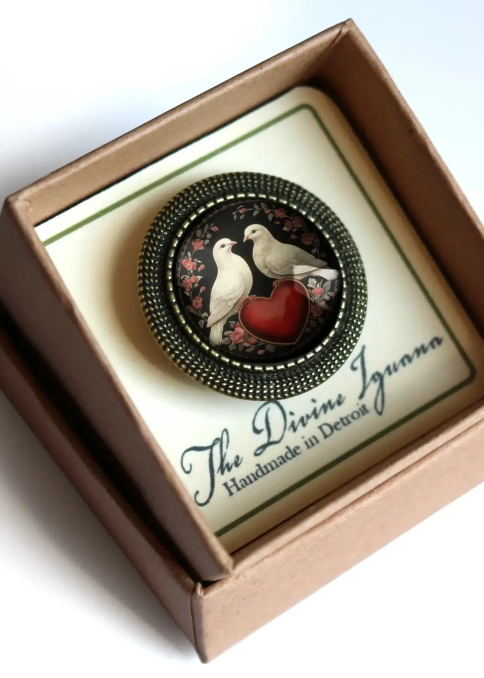 The Divine Iguana Victorian Love bird dove Cabochon Brooch