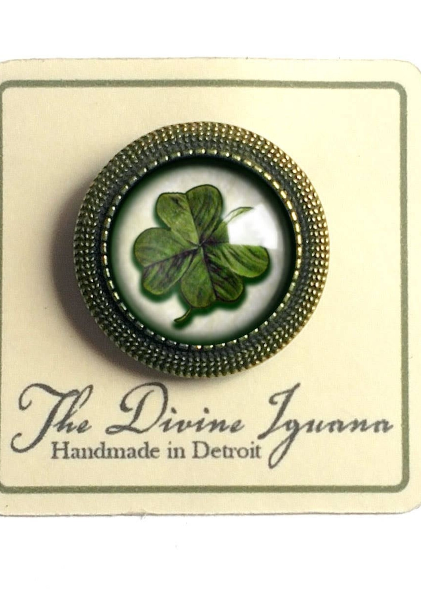 The Divine Iguana Lucky Clover Cabochon Brooch