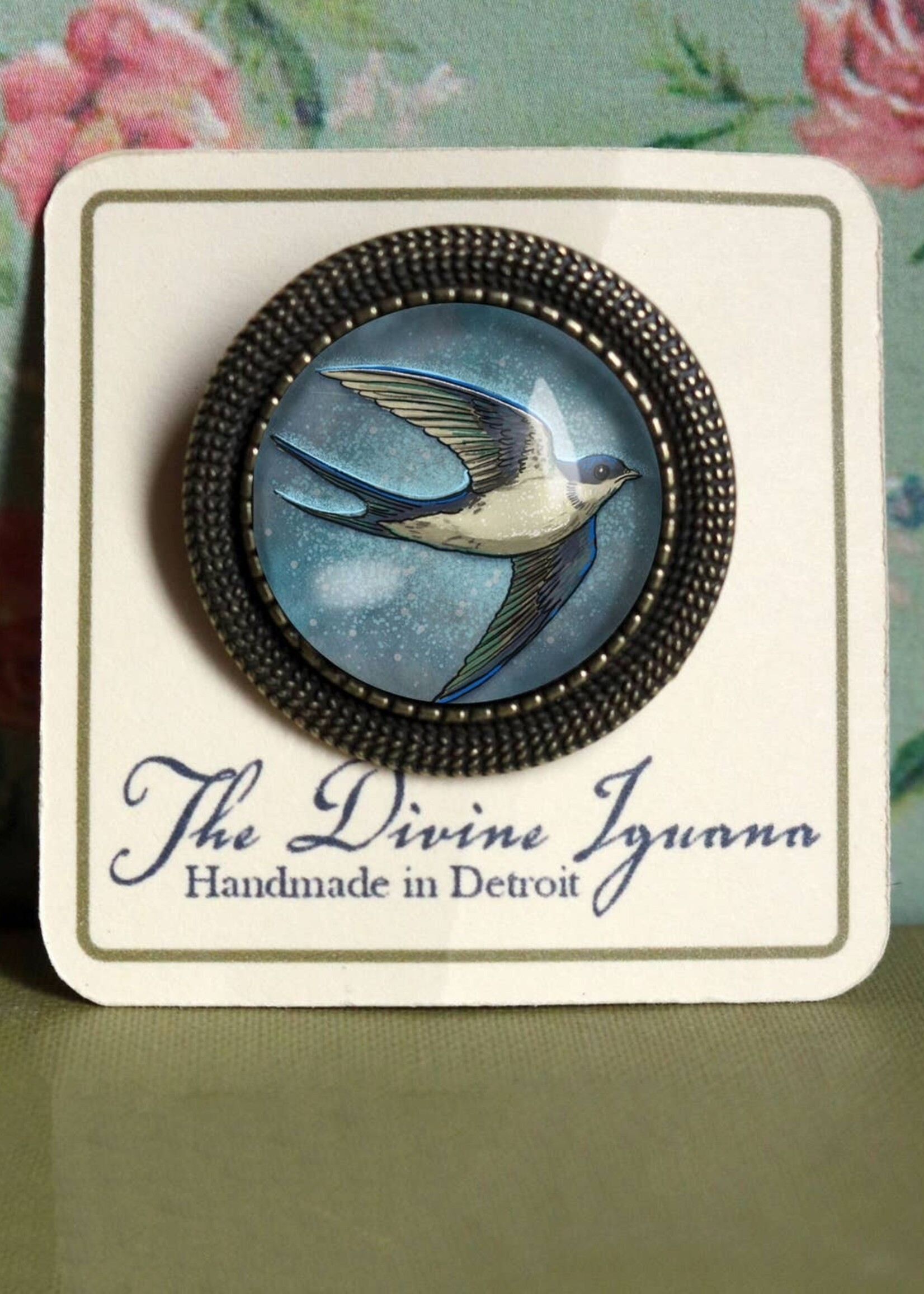 The Divine Iguana Swift Bird Glass Cabochon and Bronze Brooch