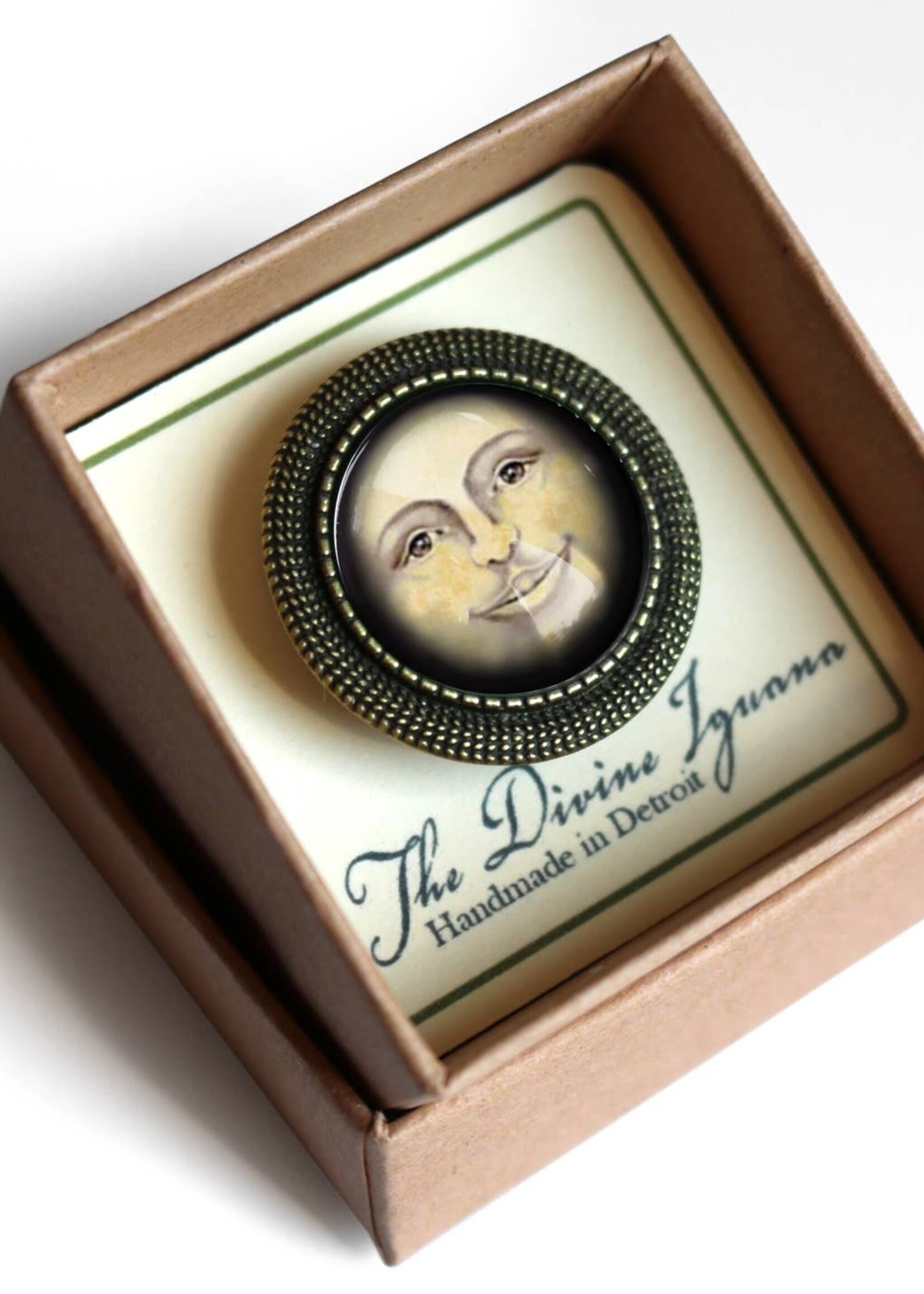 The Divine Iguana Victorian Man in the Moon Brooch