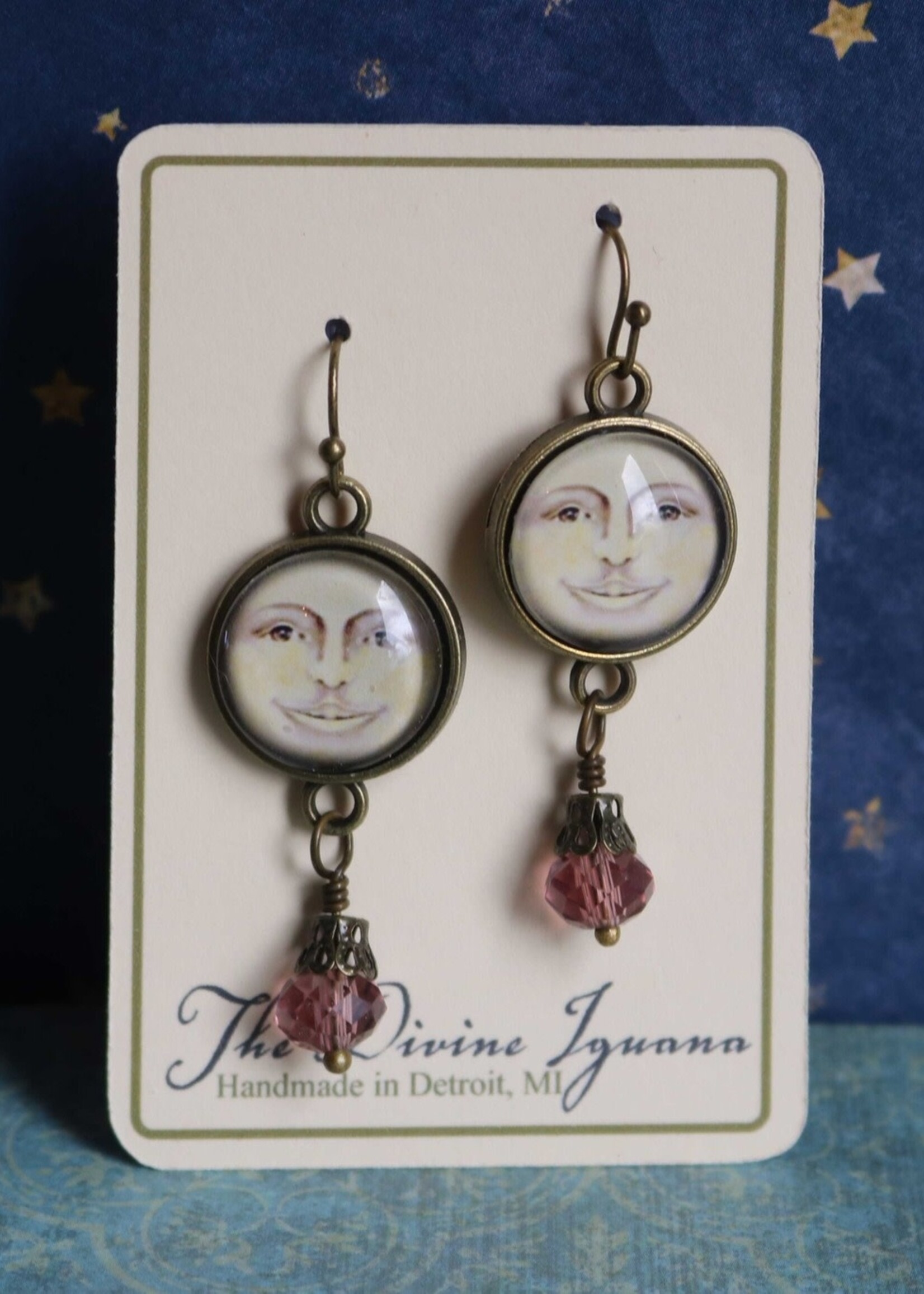The Divine Iguana Man in the Moon Glass Cabochon Earrings
