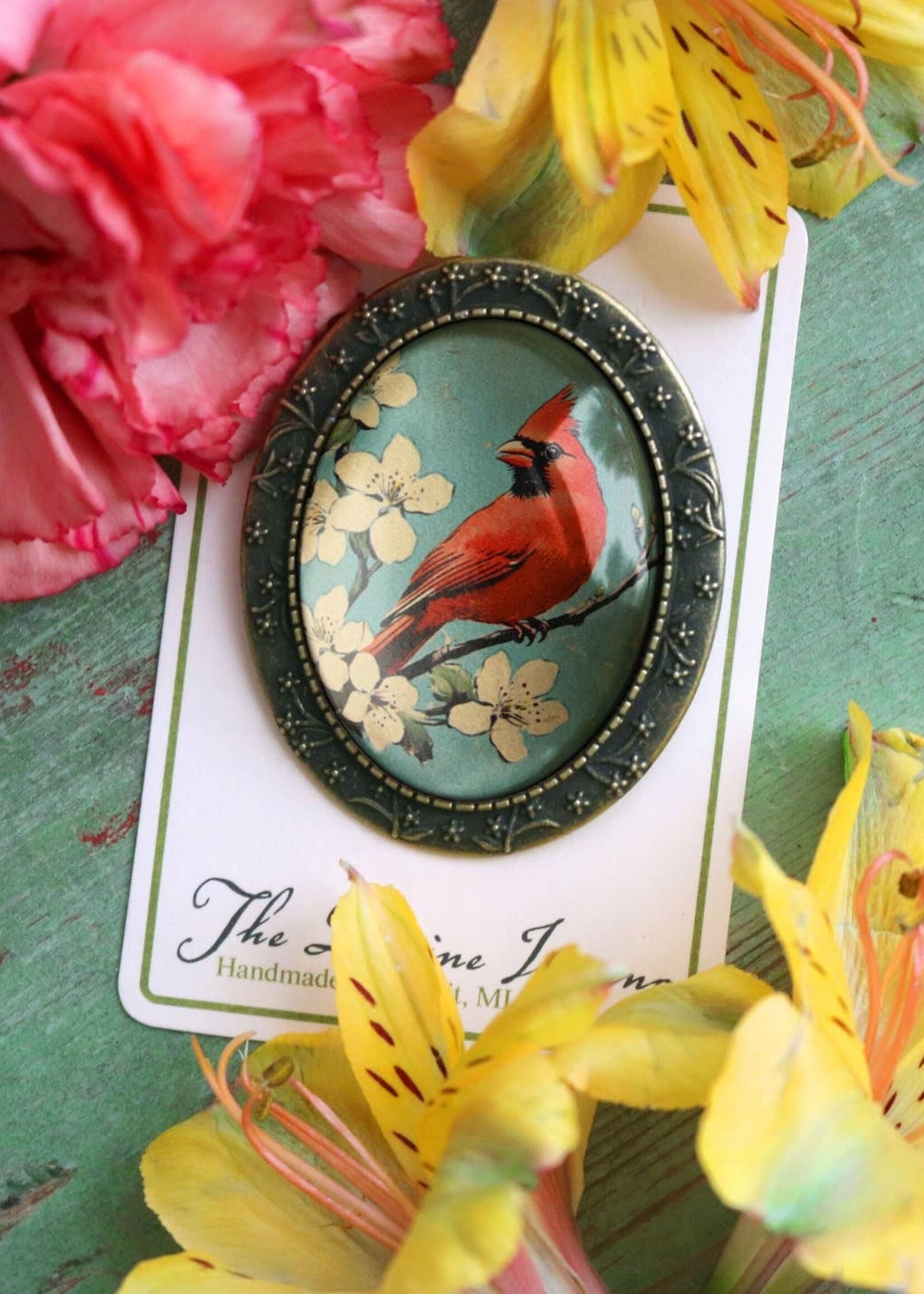 The Divine Iguana Vintage Cardinal Glass and Bronze Oval Brooch