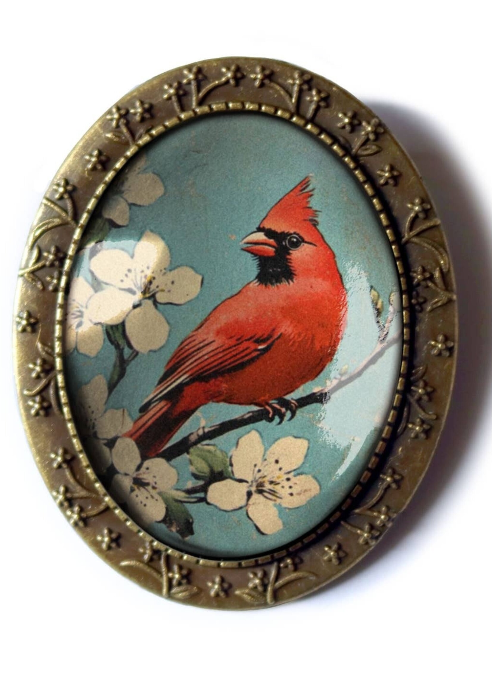 The Divine Iguana Vintage Cardinal Glass and Bronze Oval Brooch