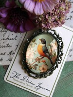 The Divine Iguana Vintage Robin Oval Bird Glass Cabochon Brooch